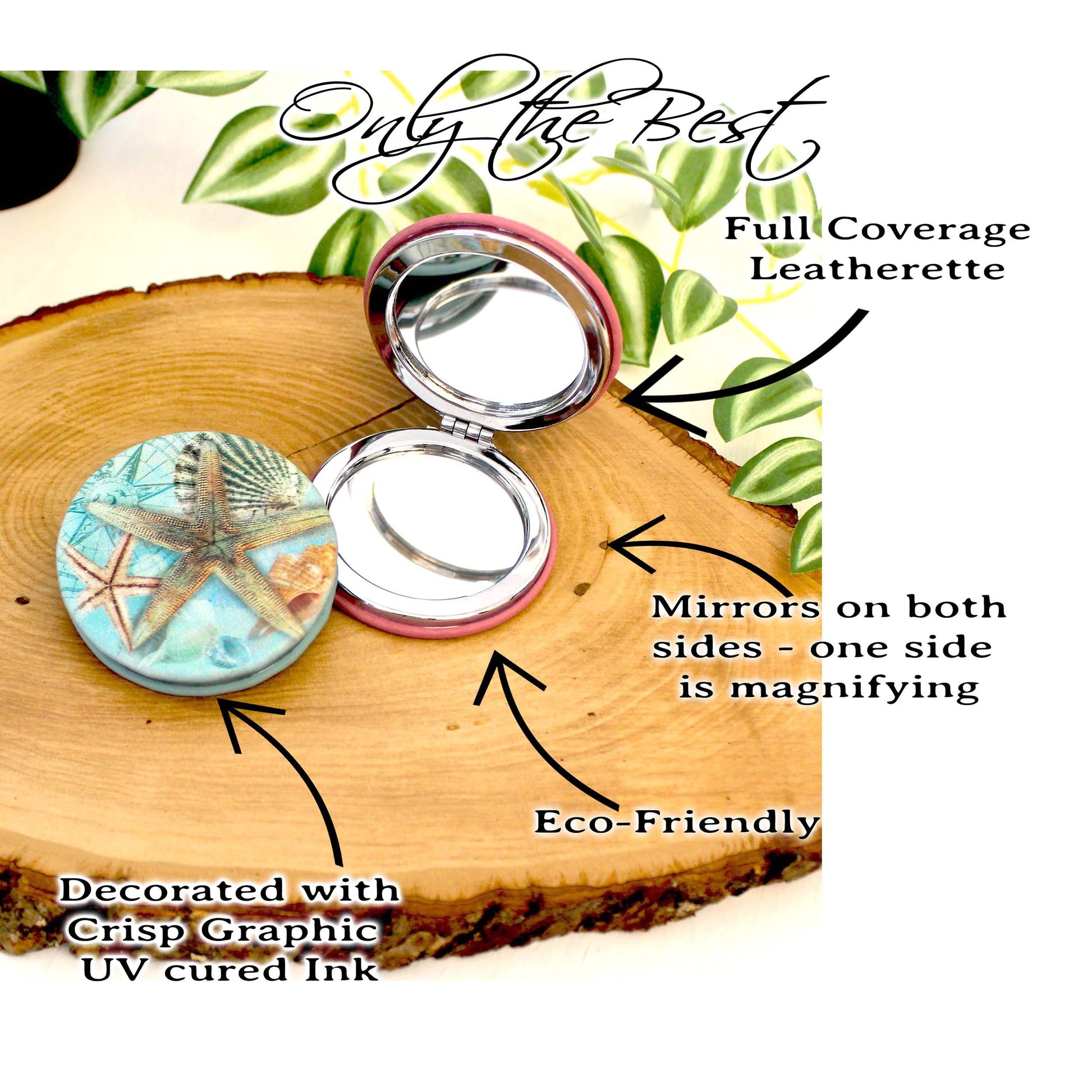 UV Decorated Seashell Leatherette Women's Compact Mirror, Custom Bridesmaid Wedding Gift, Perfect Birthday or Mother's Day Gift or favors