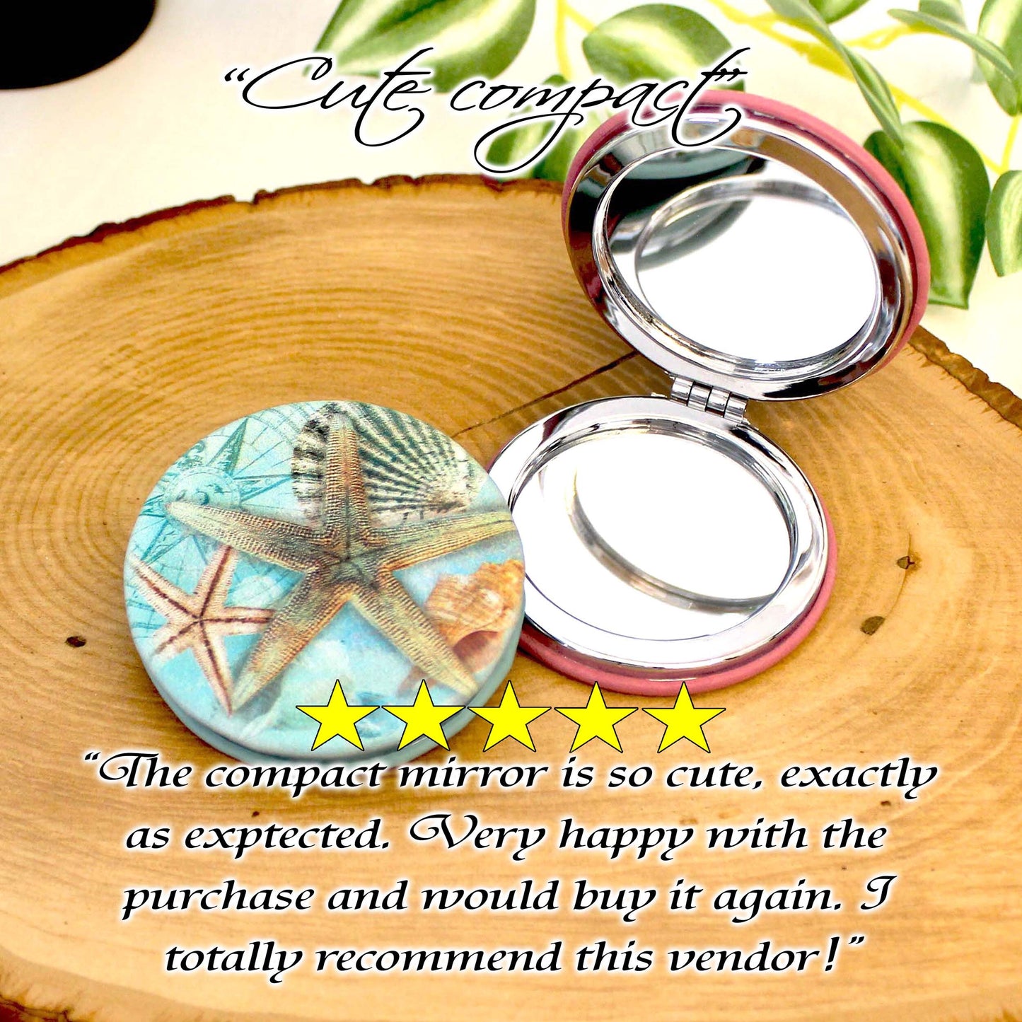 UV Decorated Seashell Leatherette Women's Compact Mirror, Custom Bridesmaid Wedding Gift, Perfect Birthday or Mother's Day Gift or favors