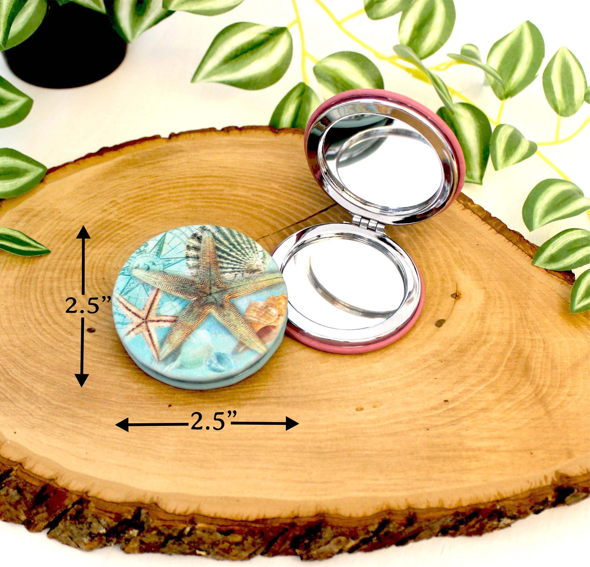 UV Decorated Seashell Leatherette Women's Compact Mirror, Custom Bridesmaid Wedding Gift, Perfect Birthday or Mother's Day Gift or favors