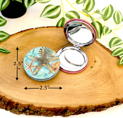 UV Decorated Seashell Leatherette Women's Compact Mirror, Custom Bridesmaid Wedding Gift, Perfect Birthday or Mother's Day Gift or favors
