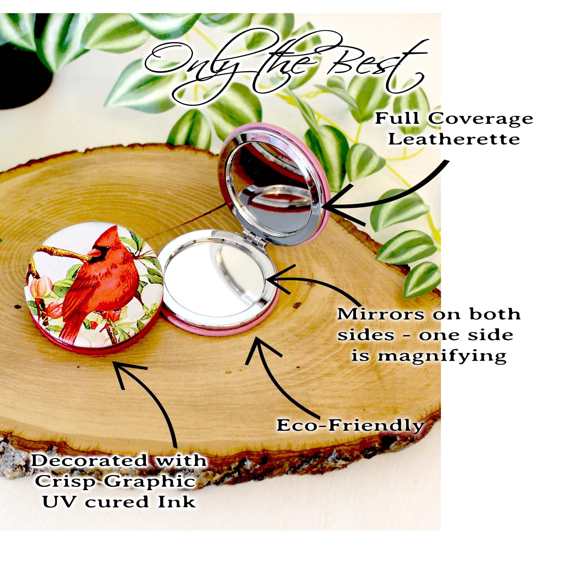 UV Decorated Red Cardinal Leatherette Women's Compact Mirror, Custom Bridesmaid Wedding Gift, Perfect Birthday / Mother's Day Gift or favors