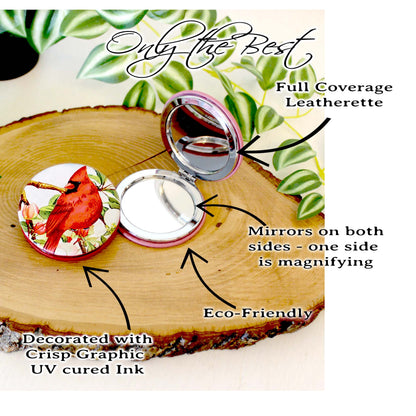 UV Decorated Red Cardinal Leatherette Women's Compact Mirror, Custom Bridesmaid Wedding Gift, Perfect Birthday / Mother's Day Gift or favors