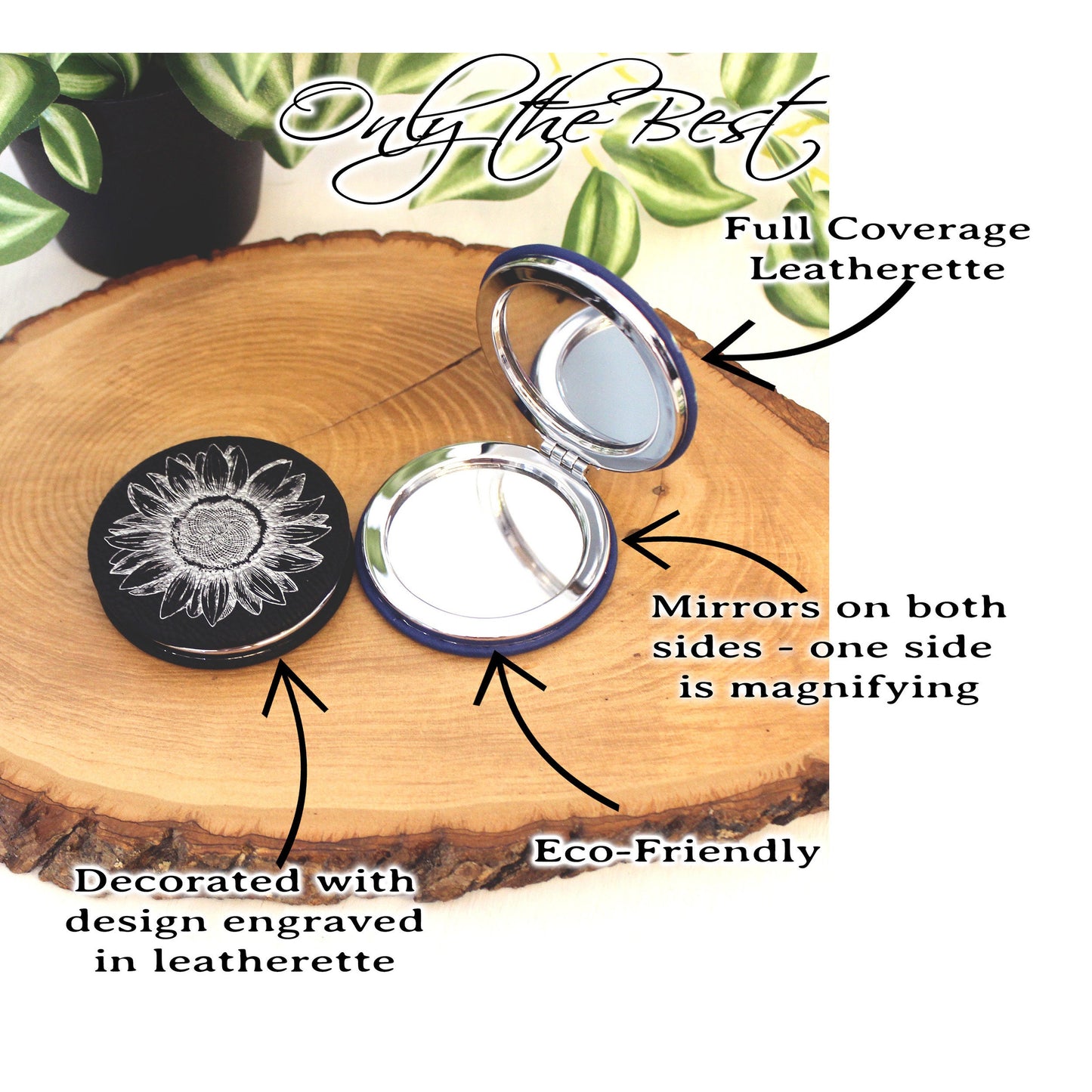 Engraved Sunflower Leatherette Women's Compact Mirror, Custom Bridesmaid Wedding Gift, Perfect Birthday or Mother's Day Gift or Favors