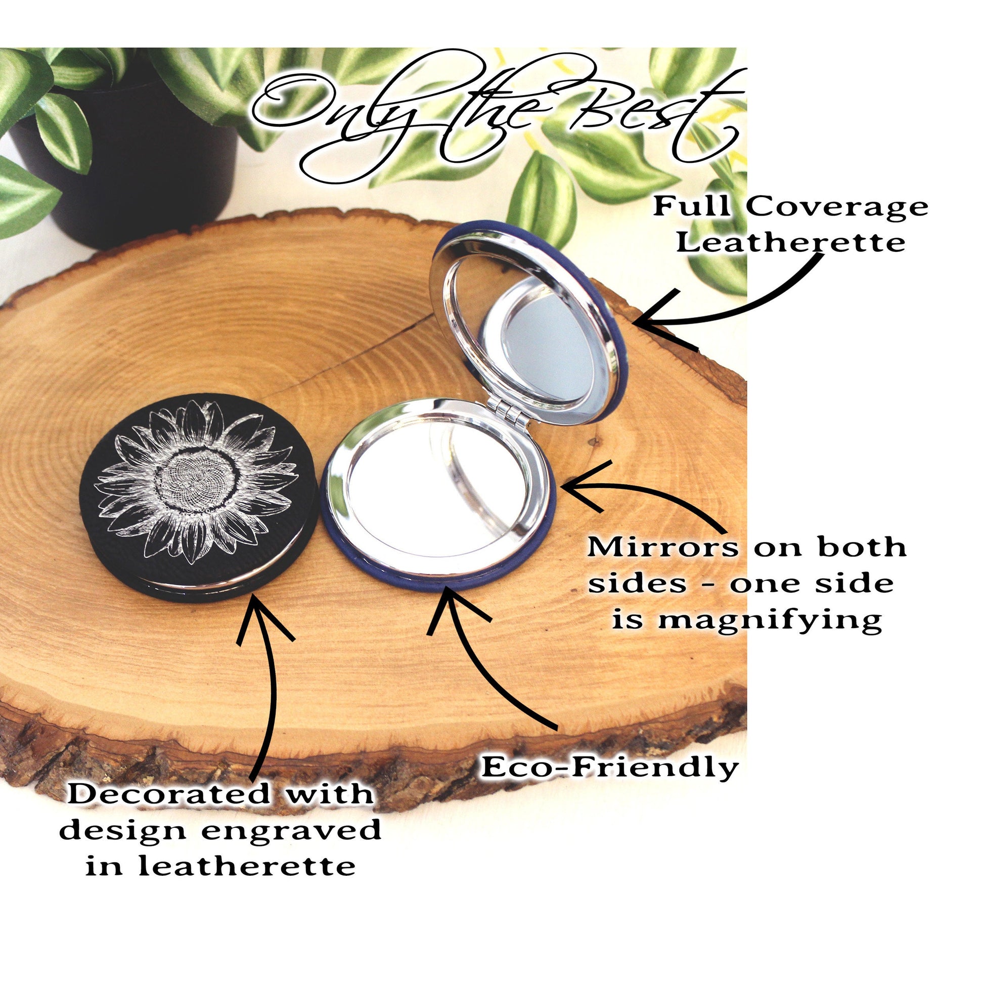 Engraved Sunflower Leatherette Women's Compact Mirror, Custom Bridesmaid Wedding Gift, Perfect Birthday or Mother's Day Gift or Favors