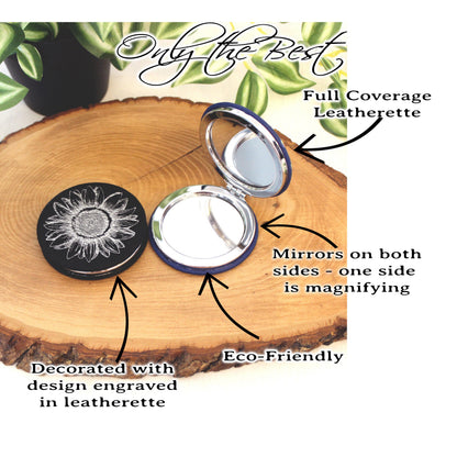 Engraved Sunflower Leatherette Women's Compact Mirror, Custom Bridesmaid Wedding Gift, Perfect Birthday or Mother's Day Gift or Favors