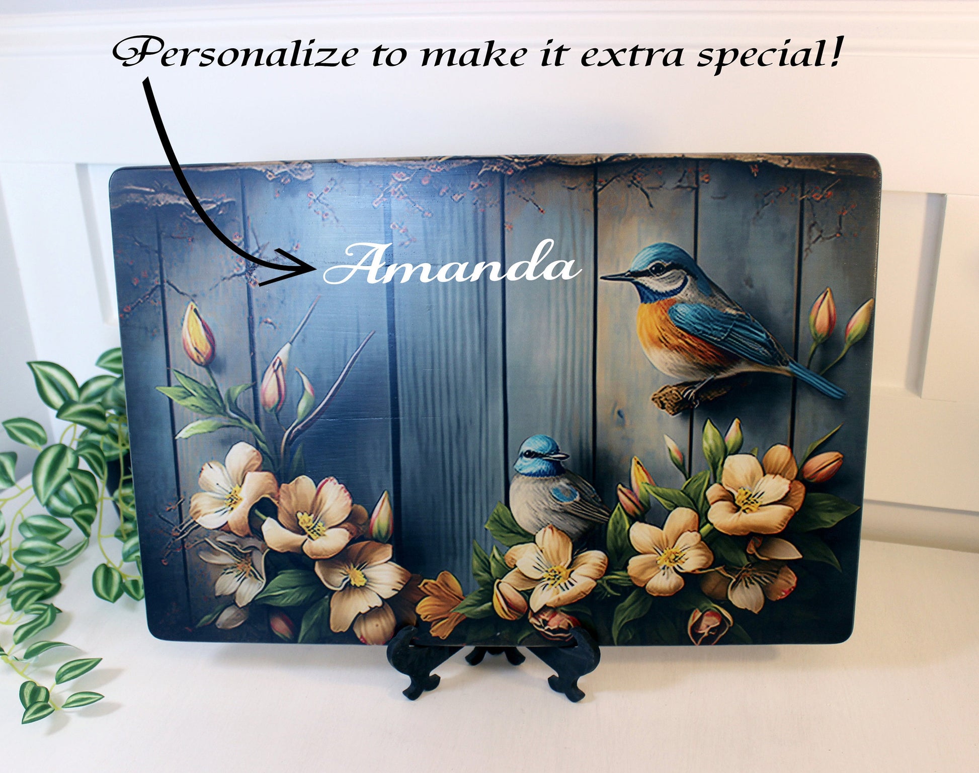 Rustic Summer Blue Birds with Flowers Brighten up your Kitchen Decor, an Environmentally Friendly Bamboo Cutting Board Decorated with UV Ink