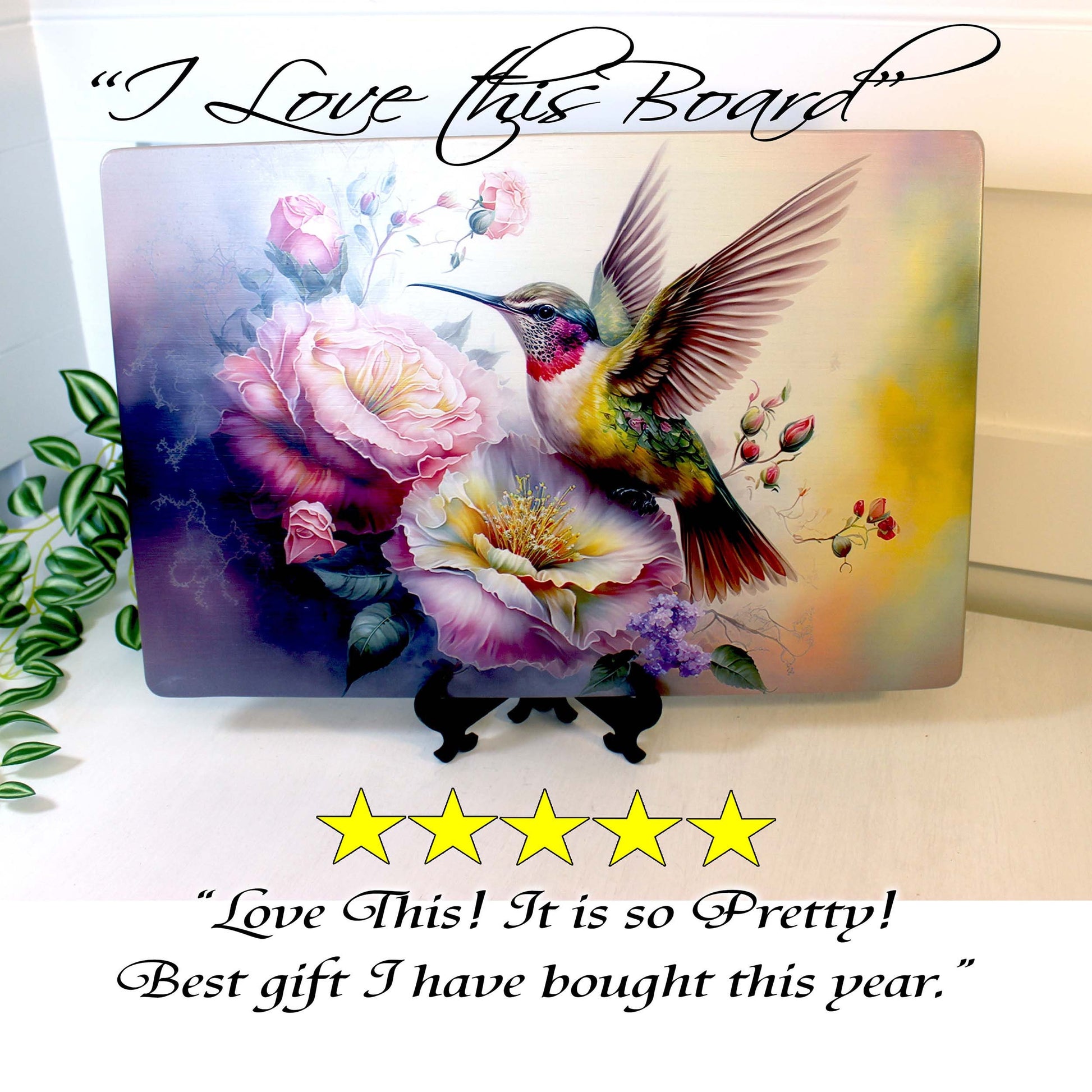 Graceful Hummingbird with Pink Roses Brighten up your Kitchen Decor, an Environmentally Friendly Bamboo Cutting Board Decorated with UV Ink