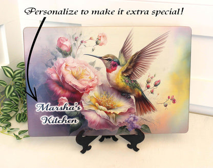 Graceful Hummingbird with Pink Roses Brighten up your Kitchen Decor, an Environmentally Friendly Bamboo Cutting Board Decorated with UV Ink