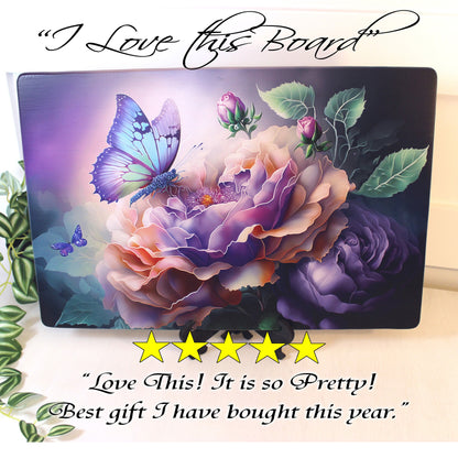 Large Blue Butterfly with Purple Roses Brighten up your Kitchen Decor, Environmentally Friendly Bamboo Cutting Board Decorated with UV Ink