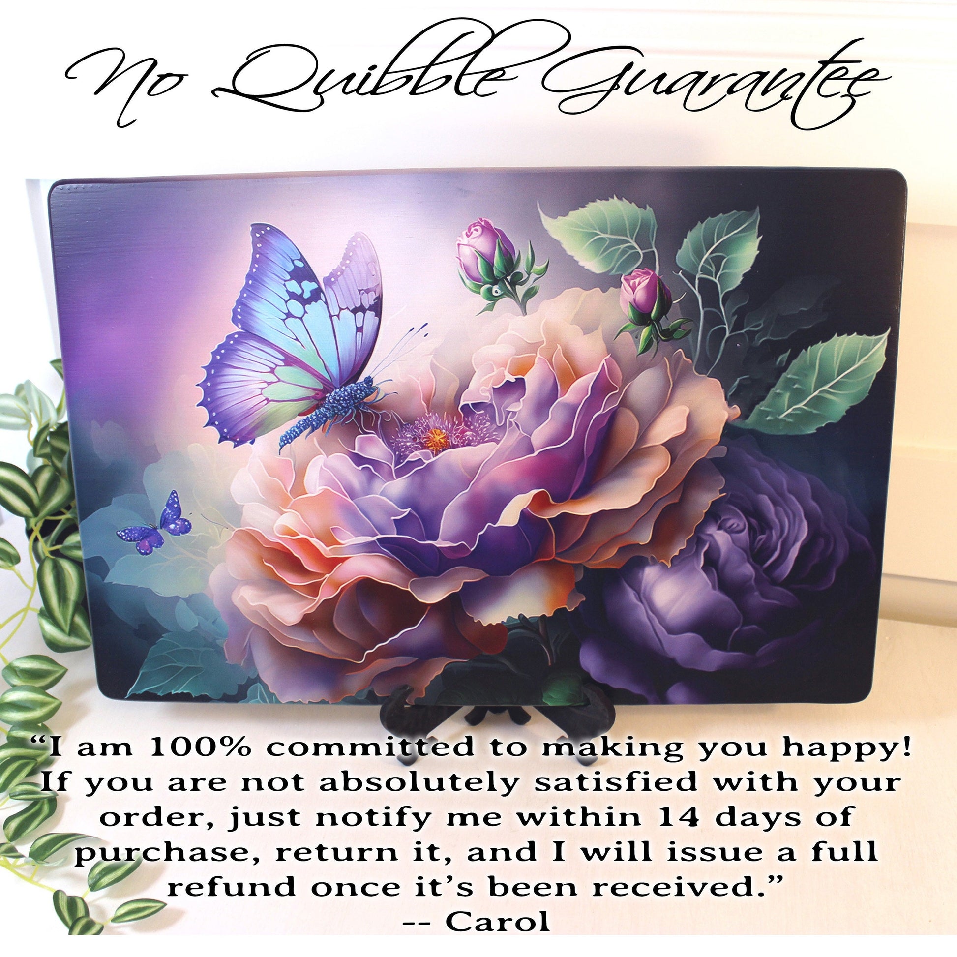 Large Blue Butterfly with Purple Roses Brighten up your Kitchen Decor, Environmentally Friendly Bamboo Cutting Board Decorated with UV Ink