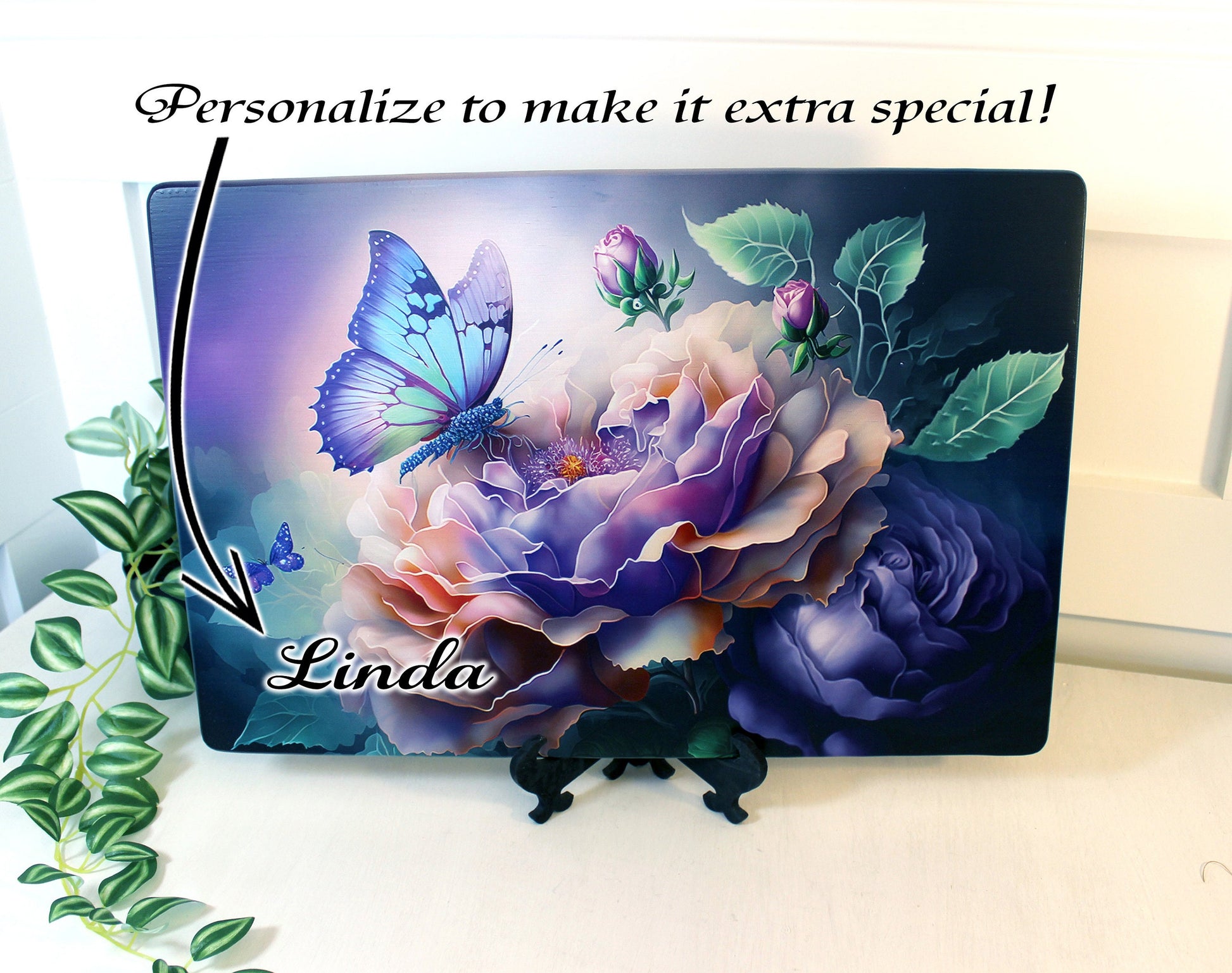 Large Blue Butterfly with Purple Roses Brighten up your Kitchen Decor, Environmentally Friendly Bamboo Cutting Board Decorated with UV Ink