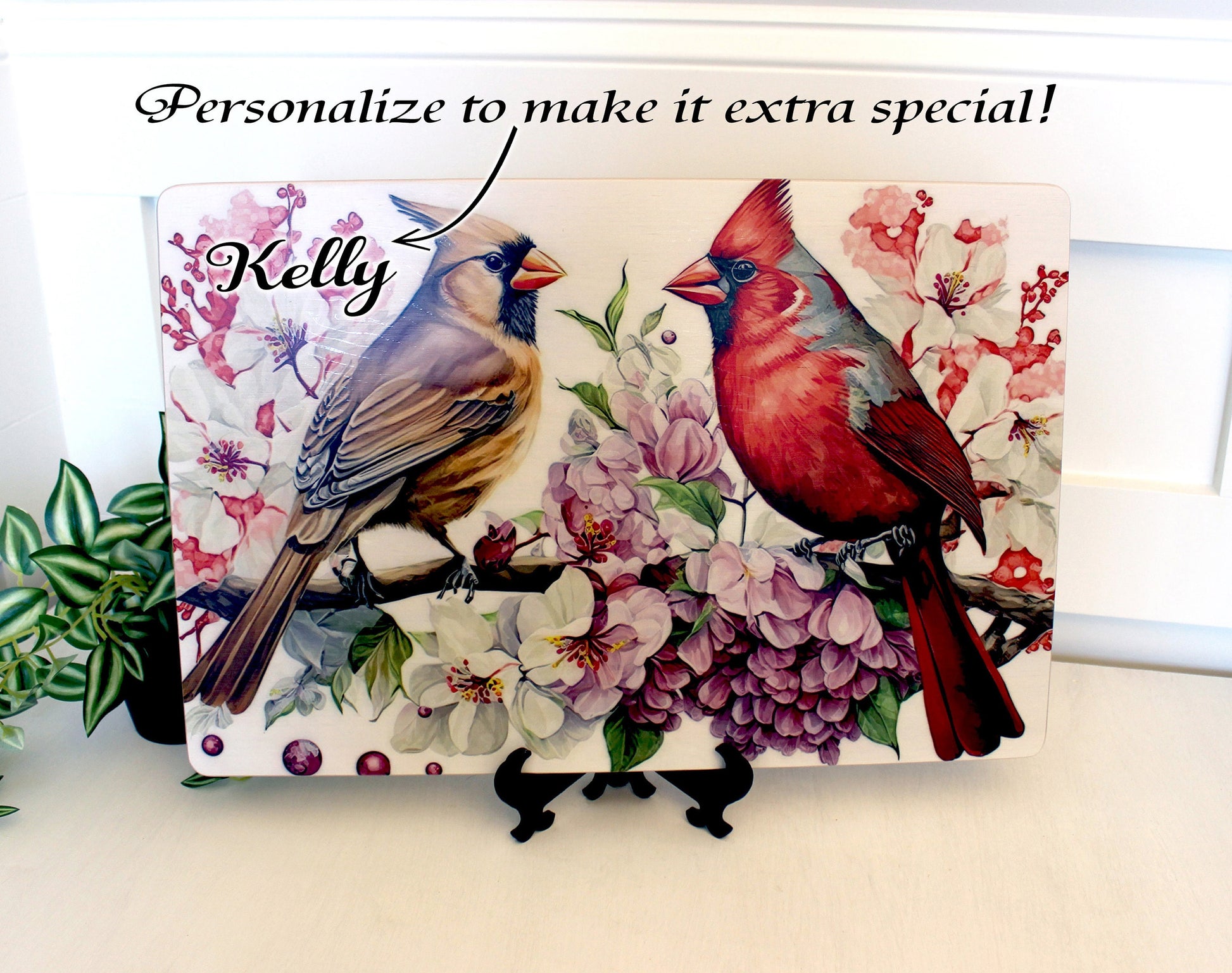 Cardinals with Spring Flowers Brighten up your Kitchen Decor, Environmentally Friendly Bamboo Cutting Board using UV Ink