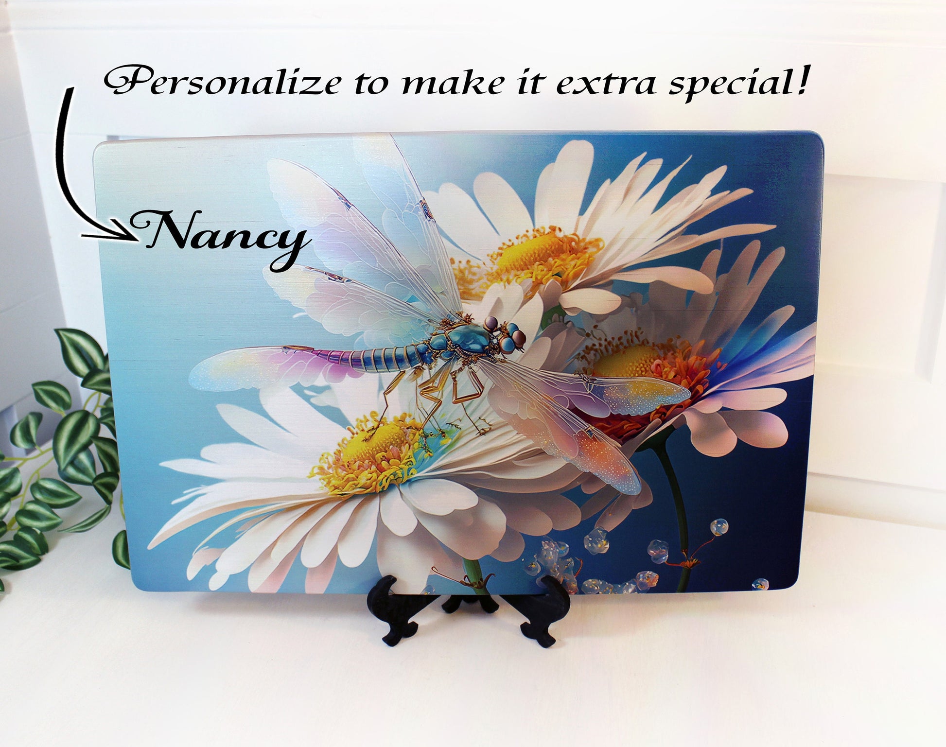 Dragonfly and Daisy Flowers Brighten up your Kitchen Decor, an Environmentally Friendly Bamboo Cutting Board Decorated with UV Ink