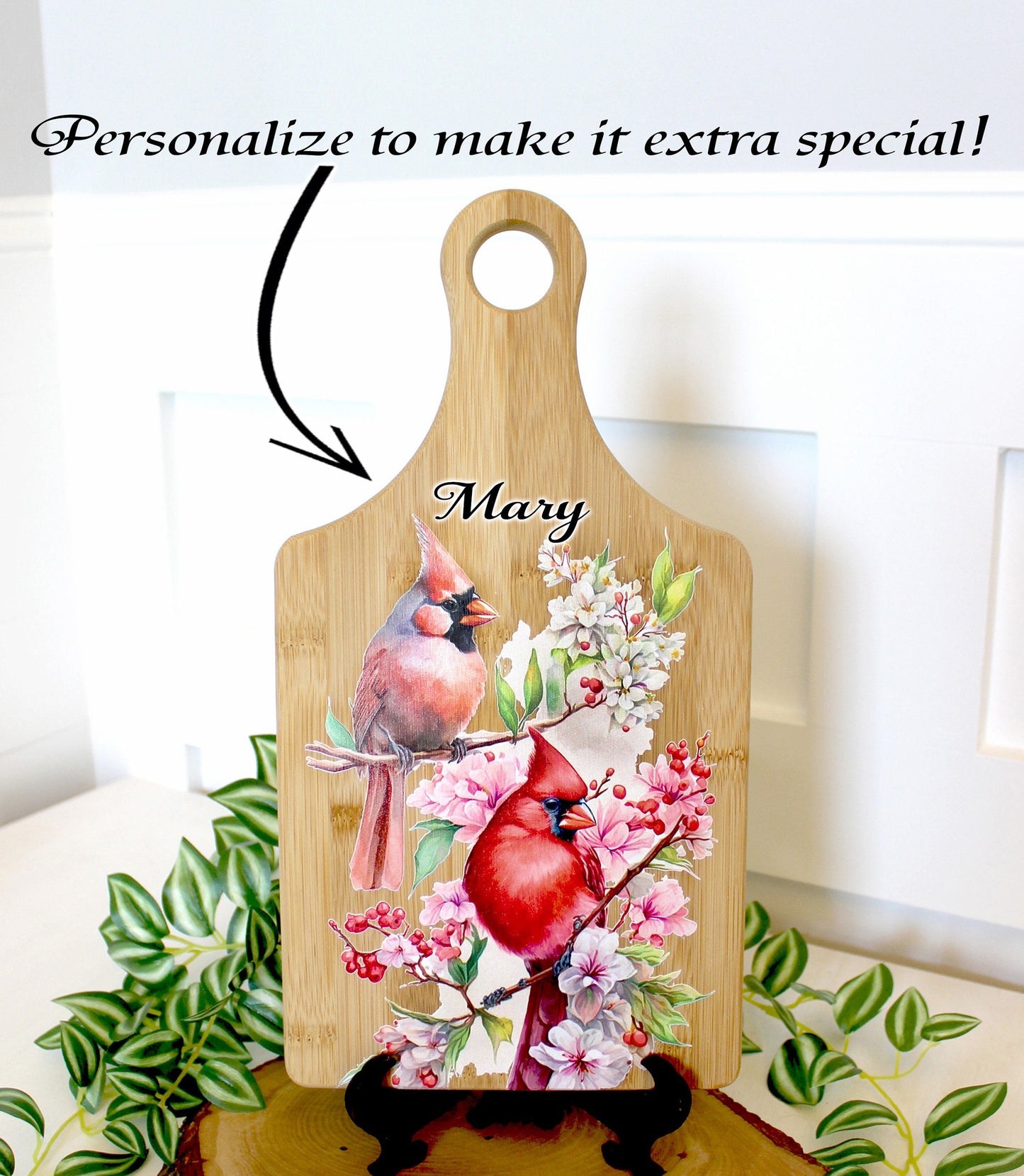 Full Color Spring Cardinal Kitchen Decor, Personalized Bamboo Wood Cardinal Paddle Cutting Board is a great Environmentally Friendly Gift
