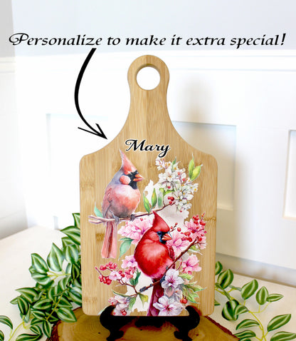 Full Color Spring Cardinal Kitchen Decor, Personalized Bamboo Wood Cardinal Paddle Cutting Board is a great Environmentally Friendly Gift