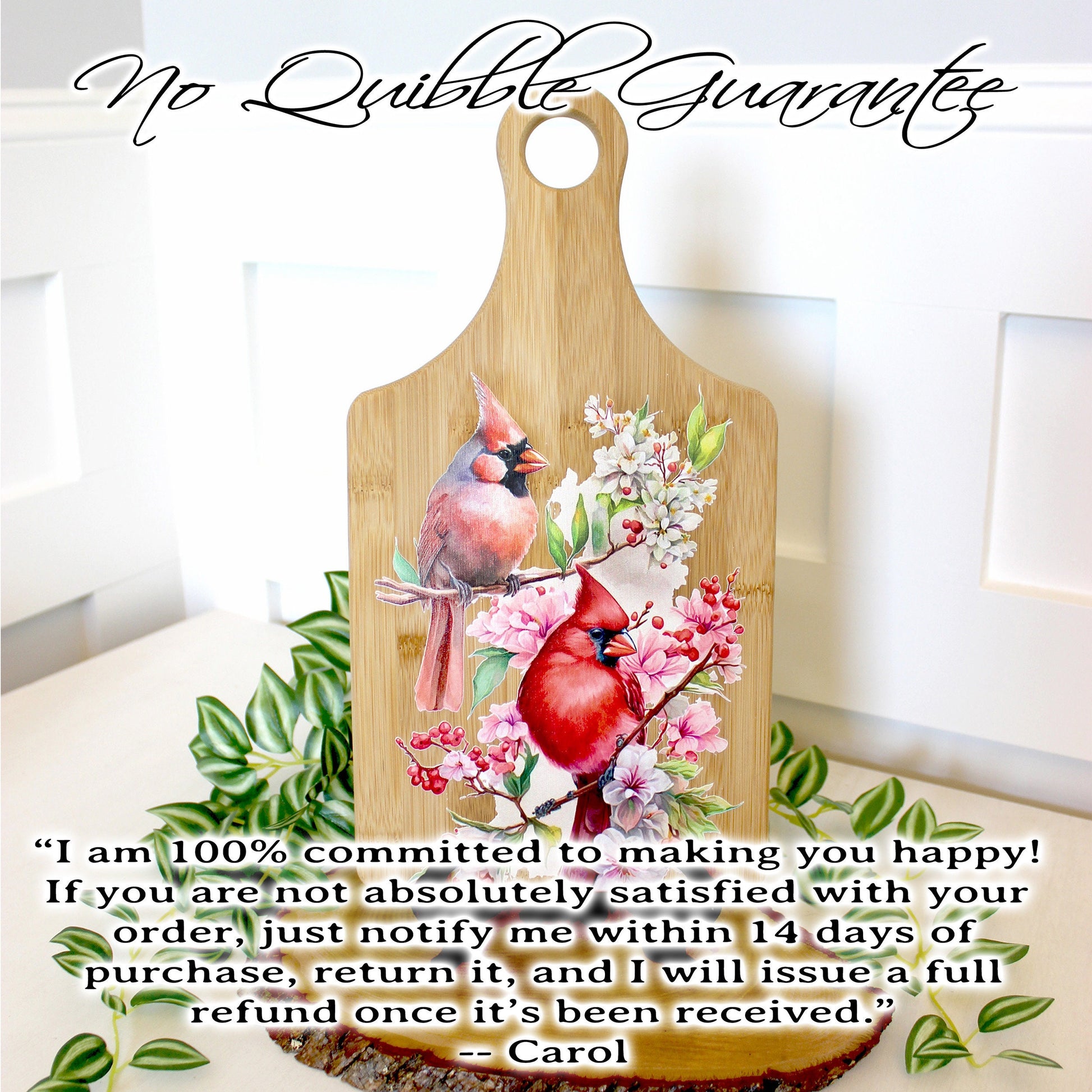 Full Color Spring Cardinal Kitchen Decor, Personalized Bamboo Wood Cardinal Paddle Cutting Board is a great Environmentally Friendly Gift
