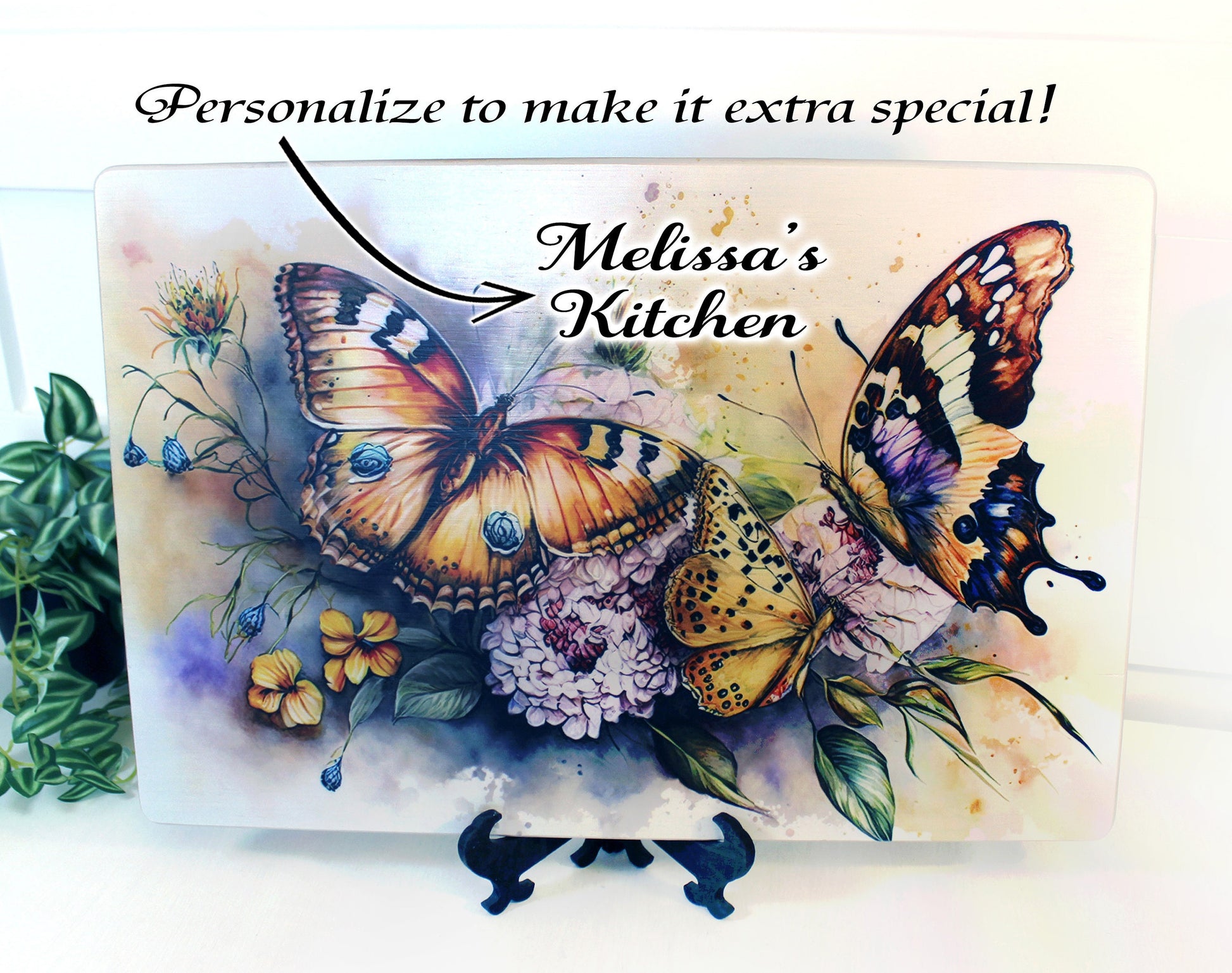 Colorful Butterflies with Spring Flowers Brighten up your Kitchen Decor, Environmentally Friendly Bamboo Cutting Board Decorated with UV Ink