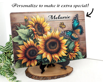 Personalized Farmhouse Cutting Board, Decorative Sunflower and Butterfly Lovers Gift, Custom Bamboo Cheese Board, Rustic Kitchen Decor