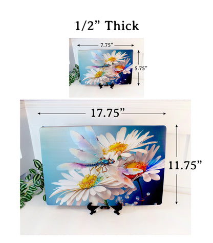 Dragonfly and Daisy Flowers Brighten up your Kitchen Decor, an Environmentally Friendly Bamboo Cutting Board Decorated with UV Ink
