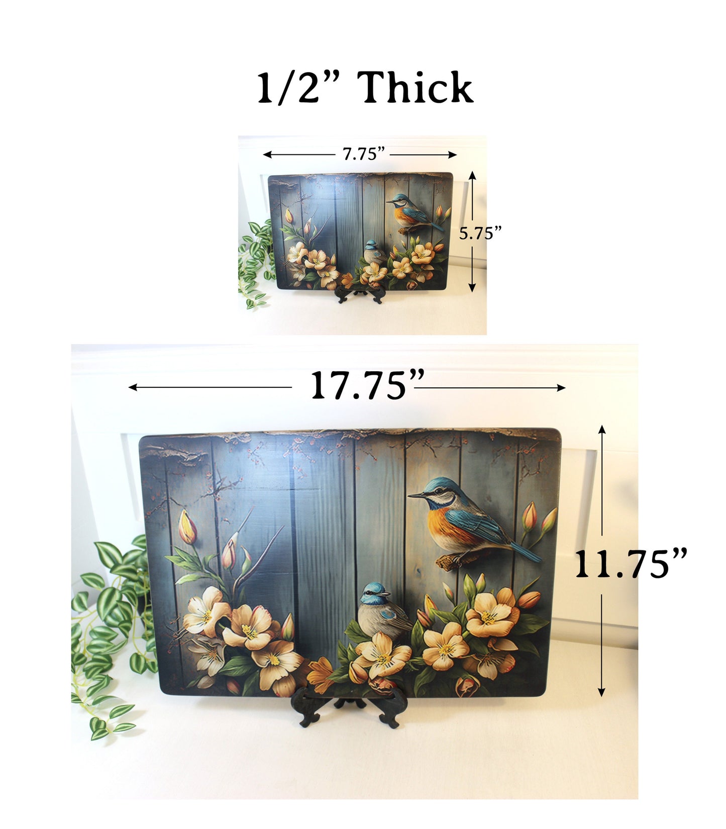 Rustic Summer Blue Birds with Flowers Brighten up your Kitchen Decor, an Environmentally Friendly Bamboo Cutting Board Decorated with UV Ink