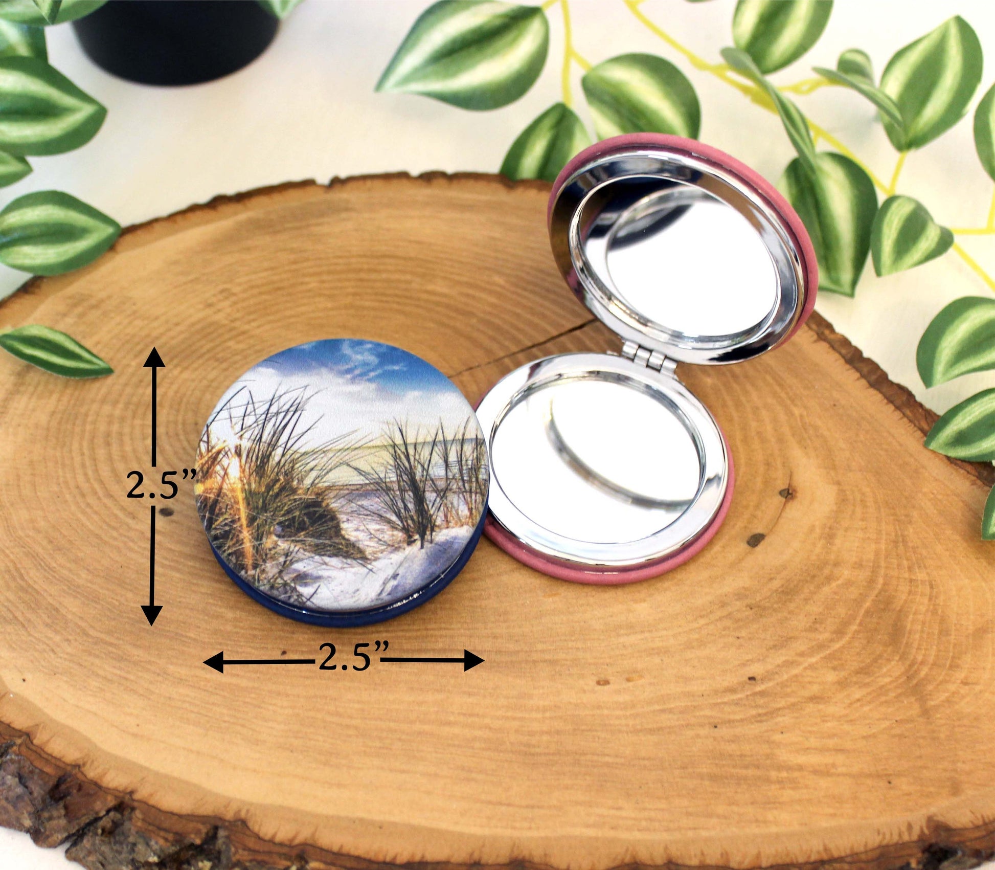 UV Decorated Beach Leatherette Women's Compact Mirror, Custom Bridesmaid Wedding Gift, Perfect Birthday or Mother's Day Gift or favors