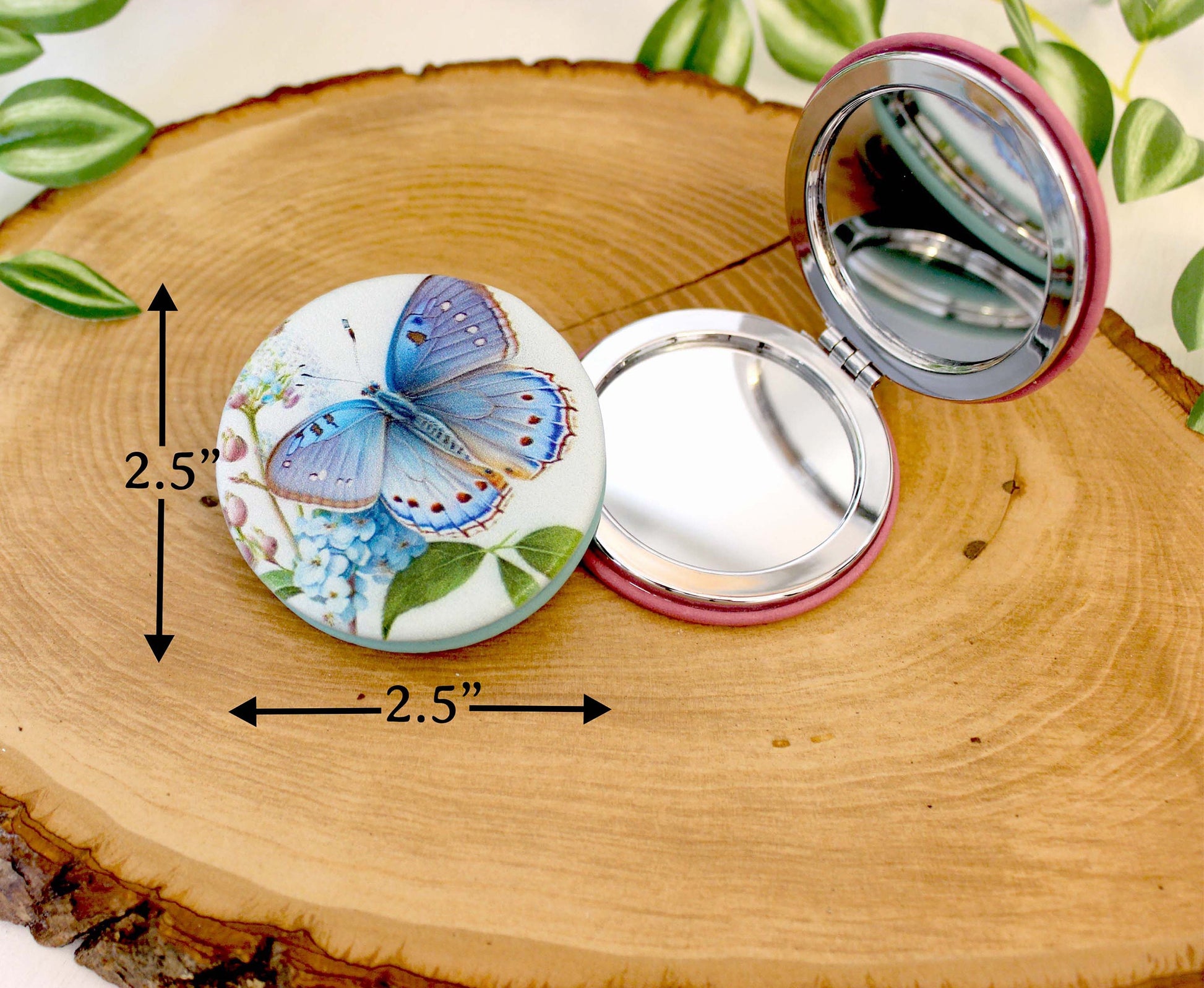 Blue Butterfly Leatherette Women's Compact Mirror, Custom Bridesmaid Gift, Perfect Birthday/Mother's Day Gift or favors. UV Decorated