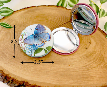 Blue Butterfly Leatherette Women's Compact Mirror, Custom Bridesmaid Gift, Perfect Birthday/Mother's Day Gift or favors. UV Decorated