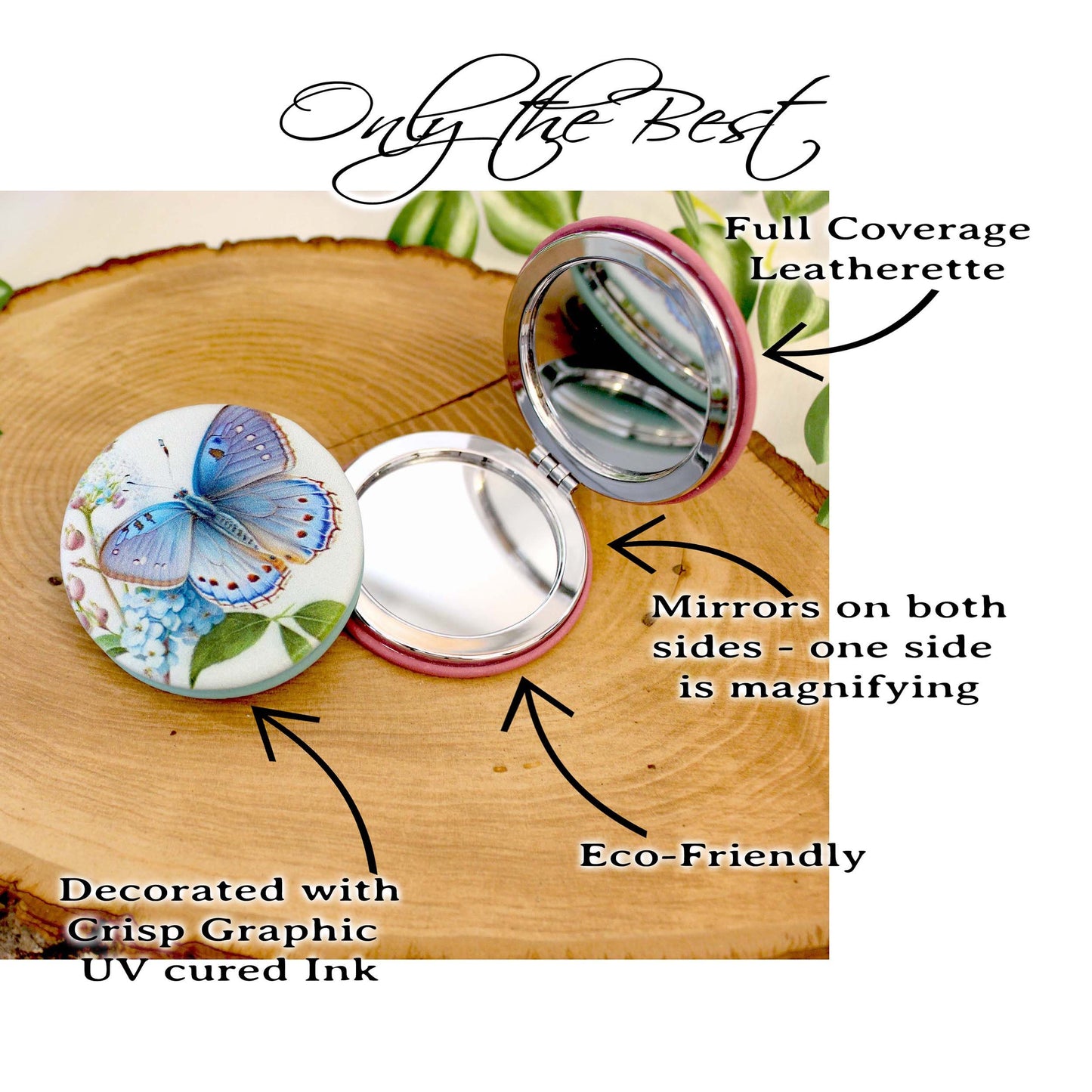 Blue Butterfly Leatherette Women's Compact Mirror, Custom Bridesmaid Gift, Perfect Birthday/Mother's Day Gift or favors. UV Decorated