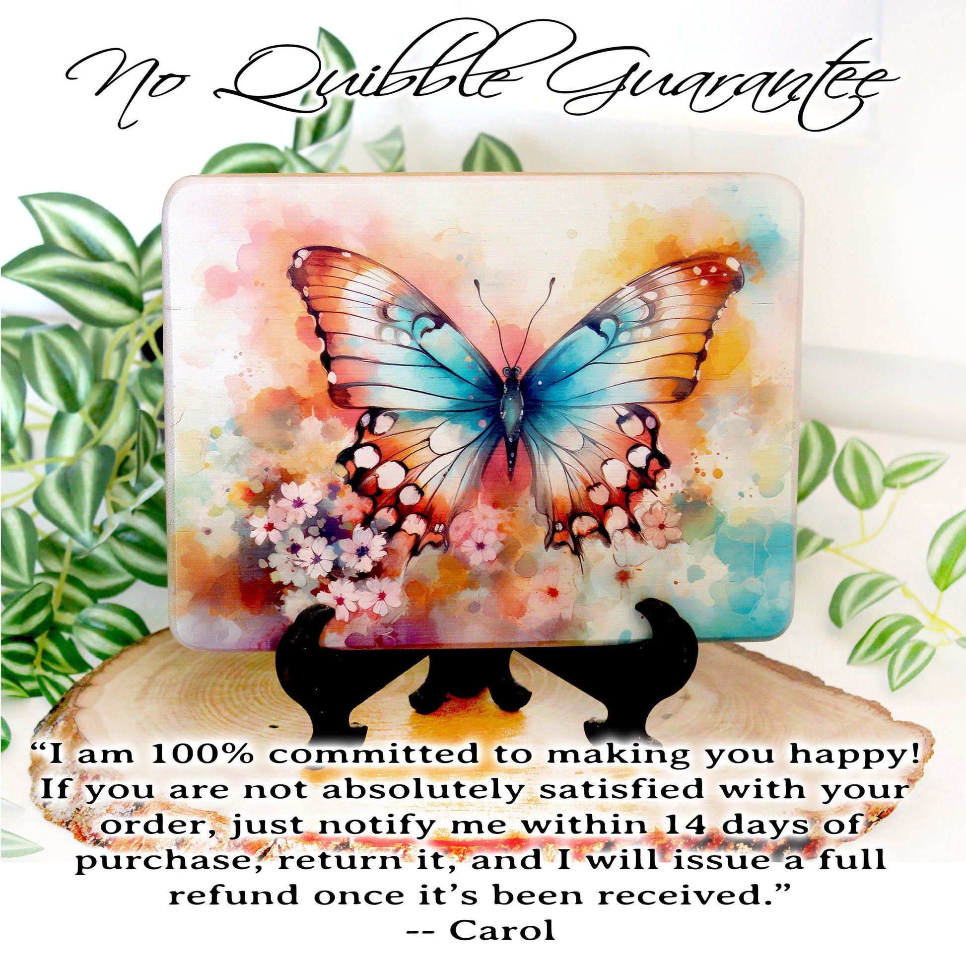 Colorful Blue Butterfly, Spring Flowers Brighten up your Kitchen Decor, Environmentally Friendly Bamboo Cutting Board Decorated with UV Ink