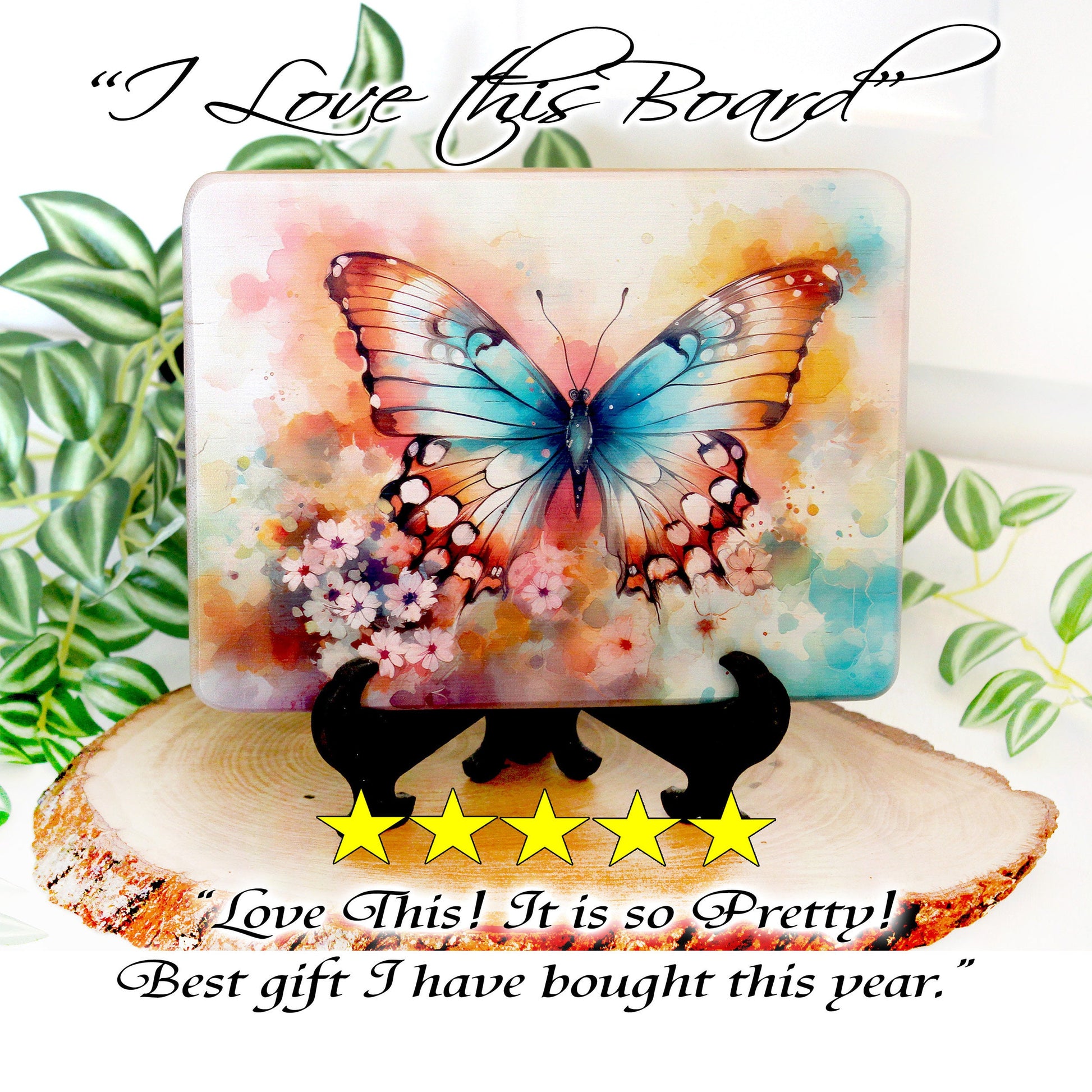 Colorful Blue Butterfly, Spring Flowers Brighten up your Kitchen Decor, Environmentally Friendly Bamboo Cutting Board Decorated with UV Ink