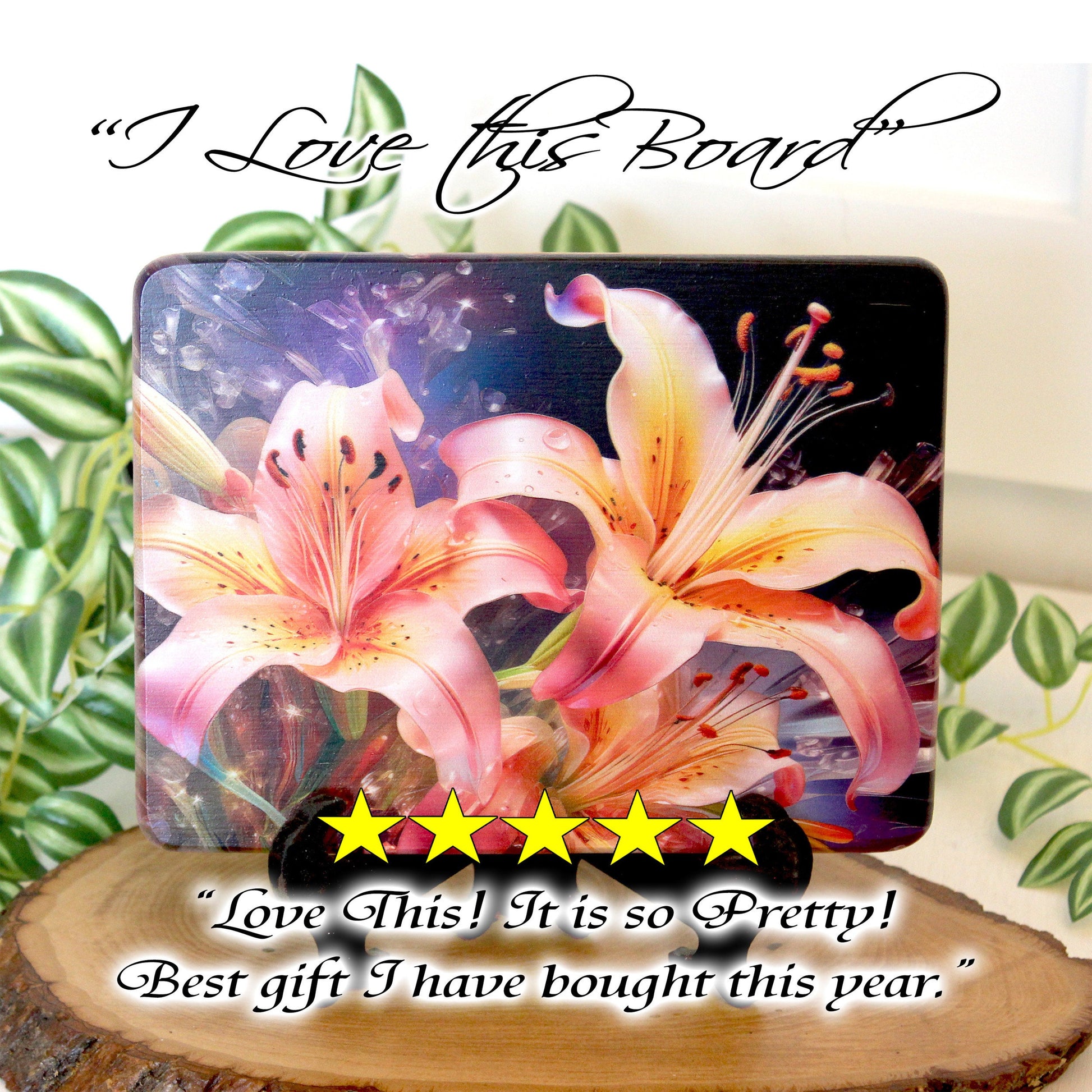 Pink and Yellow Lilies Kitchen Decor, Environmentally Friendly Bamboo Cutting Board Decorated with UV Ink, Unique Lily Floral Design