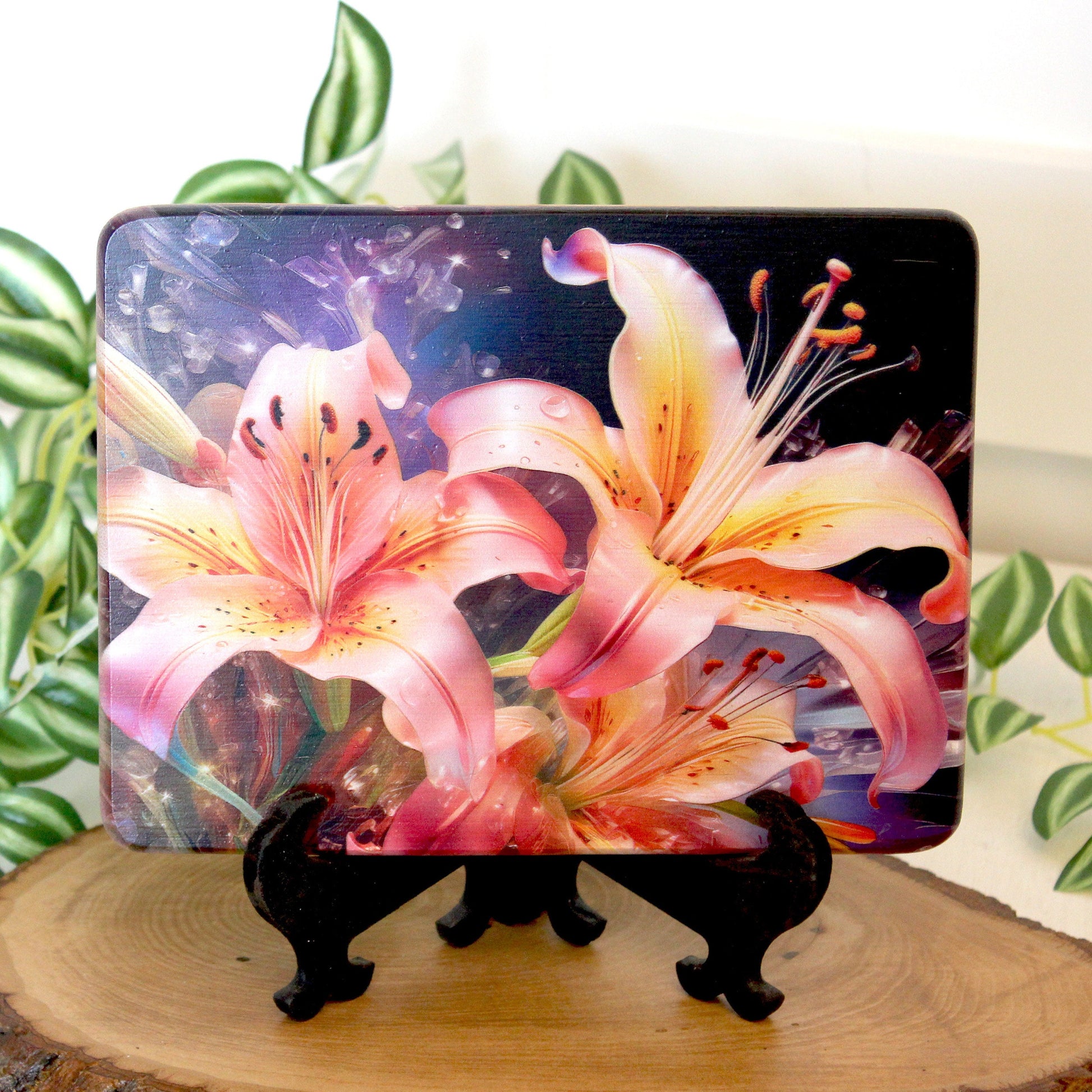 Pink and Yellow Lilies Kitchen Decor, Environmentally Friendly Bamboo Cutting Board Decorated with UV Ink, Unique Lily Floral Design