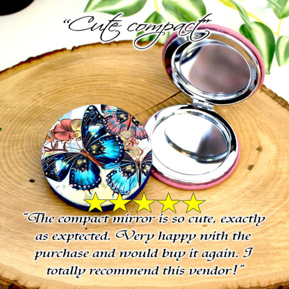 UV Decorated Butterfly Leatherette Women's Compact Mirror, Custom Bridesmaid Wedding Gift, Perfect Birthday or Mother's Day Gift or favors