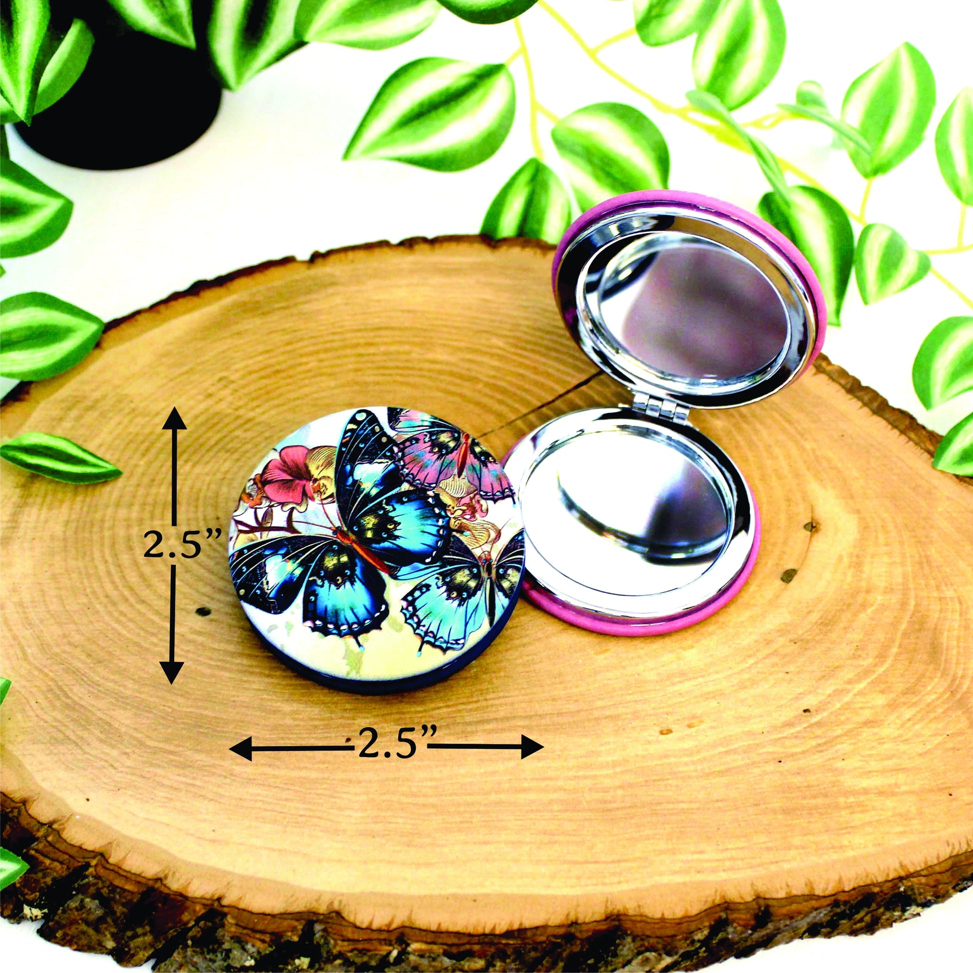 UV Decorated Butterfly Leatherette Women's Compact Mirror, Custom Bridesmaid Wedding Gift, Perfect Birthday or Mother's Day Gift or favors