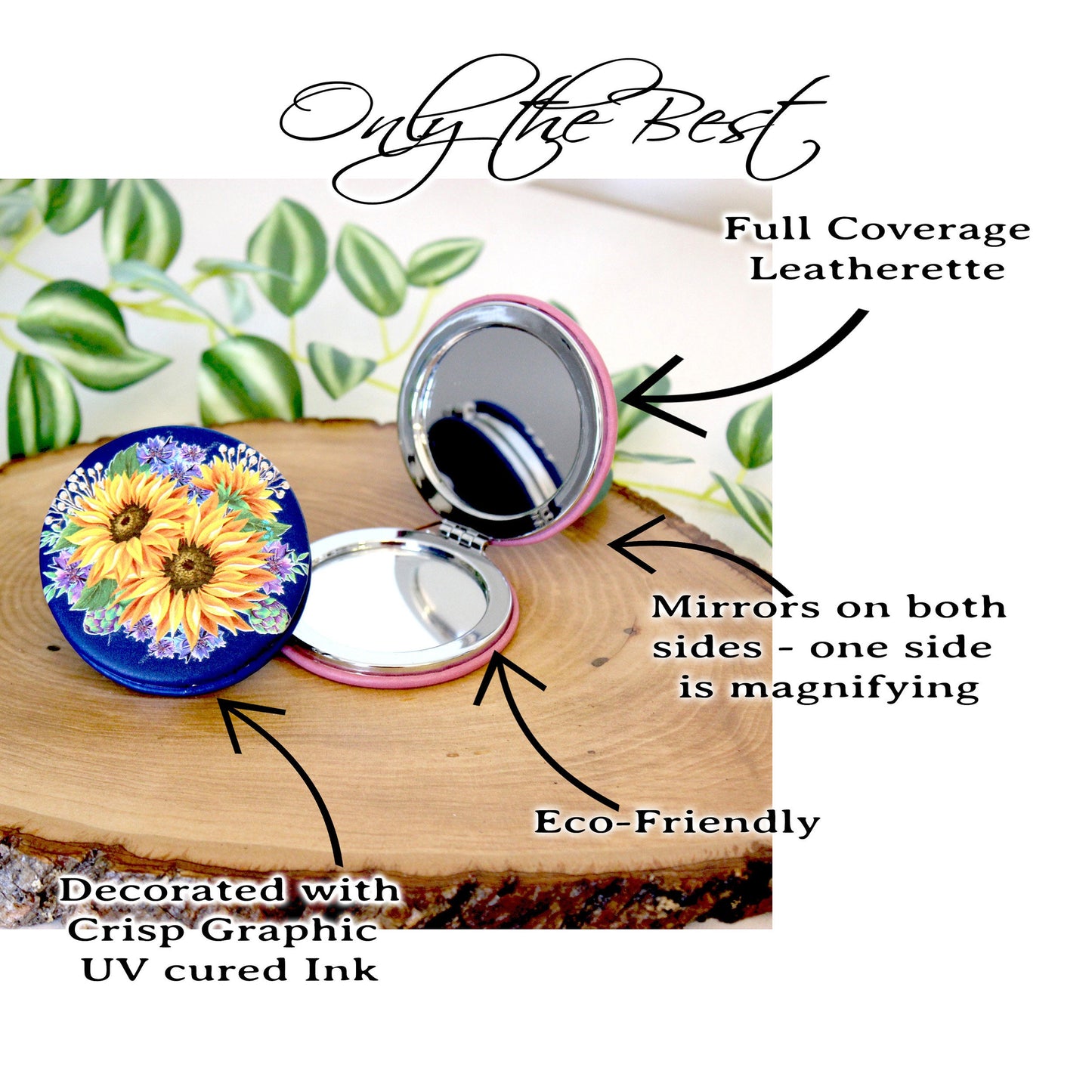 UV Decorated Sunflower & Cornflowers Leatherette Women's Compact Mirror perfect Bridesmaid Wedding Gift, Perfect Birthday/Mother's Day Gift