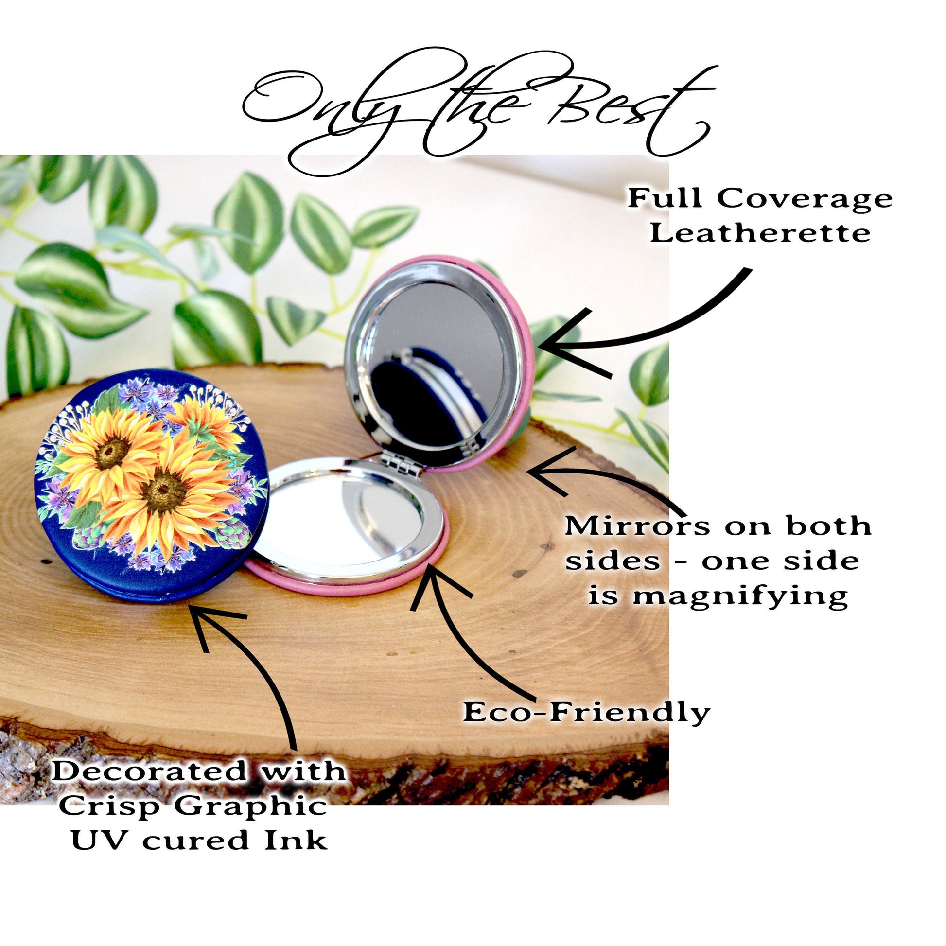UV Decorated Sunflower & Cornflowers Leatherette Women's Compact Mirror perfect Bridesmaid Wedding Gift, Perfect Birthday/Mother's Day Gift