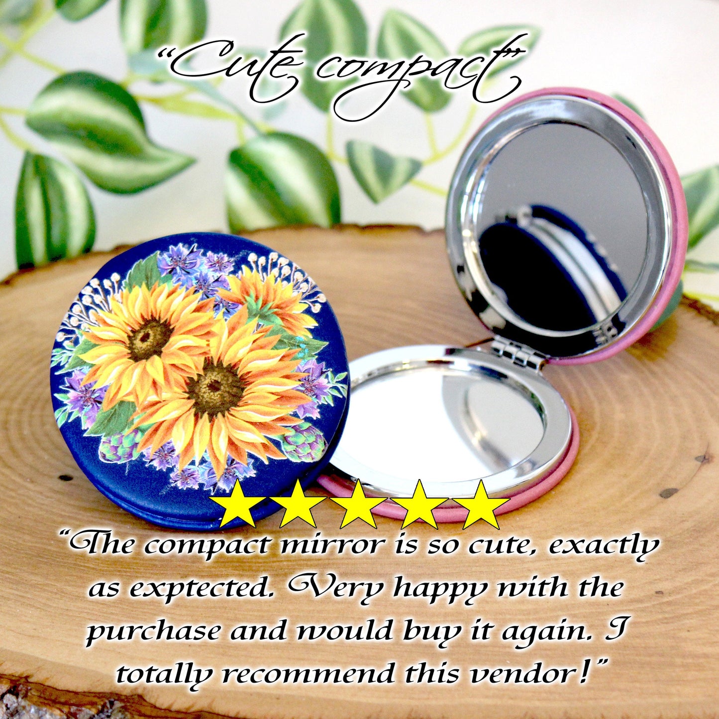 UV Decorated Sunflower & Cornflowers Leatherette Women's Compact Mirror perfect Bridesmaid Wedding Gift, Perfect Birthday/Mother's Day Gift