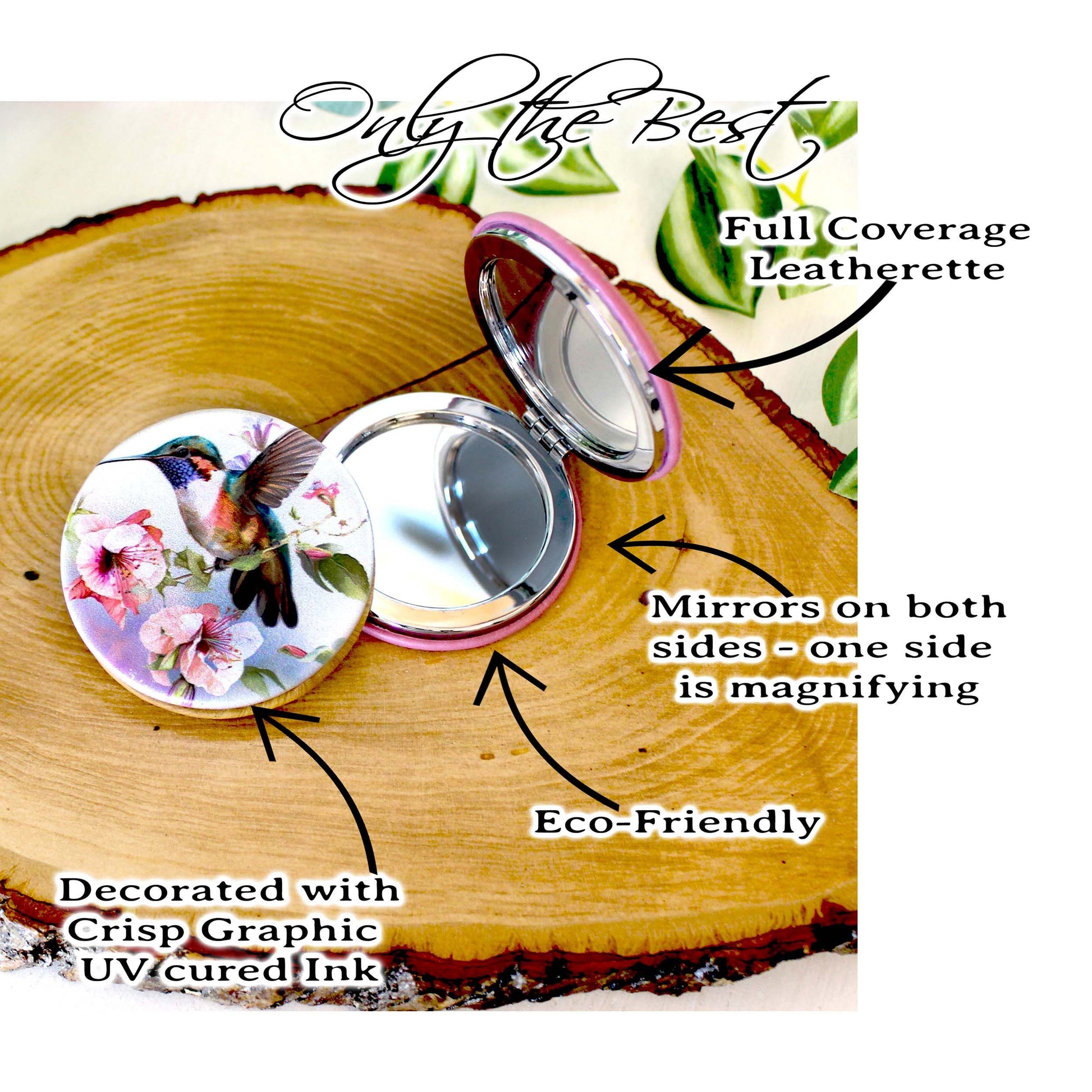 UV Decorated Hummingbird on Pink Floral Vine Leatherette Women's Compact Mirror, Custom Bridesmaid Gift, Perfect Birthday/Mother's Day Gift
