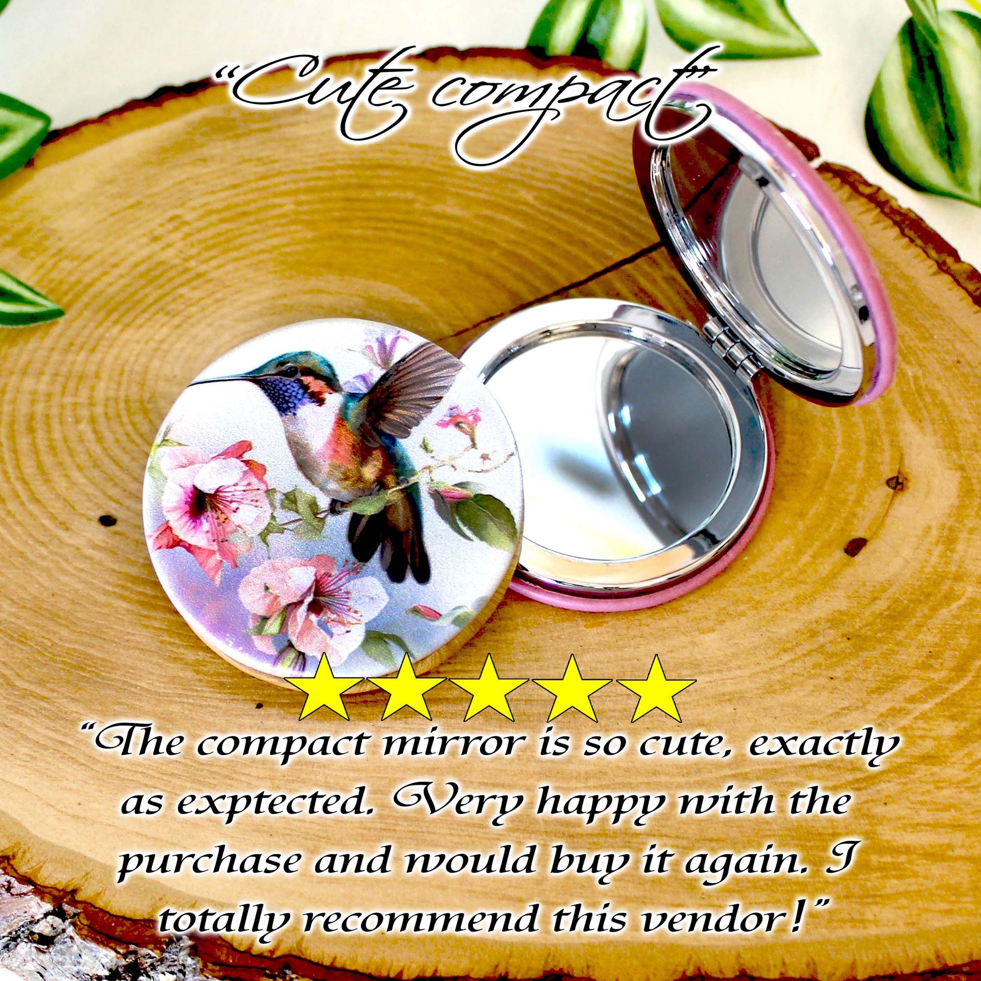 UV Decorated Hummingbird on Pink Floral Vine Leatherette Women's Compact Mirror, Custom Bridesmaid Gift, Perfect Birthday/Mother's Day Gift