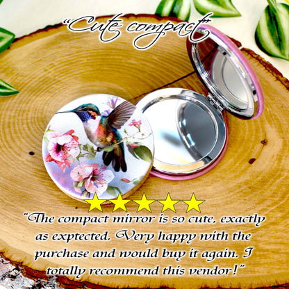 UV Decorated Hummingbird on Pink Floral Vine Leatherette Women's Compact Mirror, Custom Bridesmaid Gift, Perfect Birthday/Mother's Day Gift