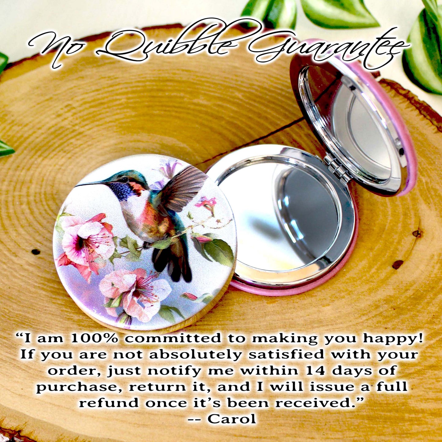 UV Decorated Hummingbird on Pink Floral Vine Leatherette Women's Compact Mirror, Custom Bridesmaid Gift, Perfect Birthday/Mother's Day Gift