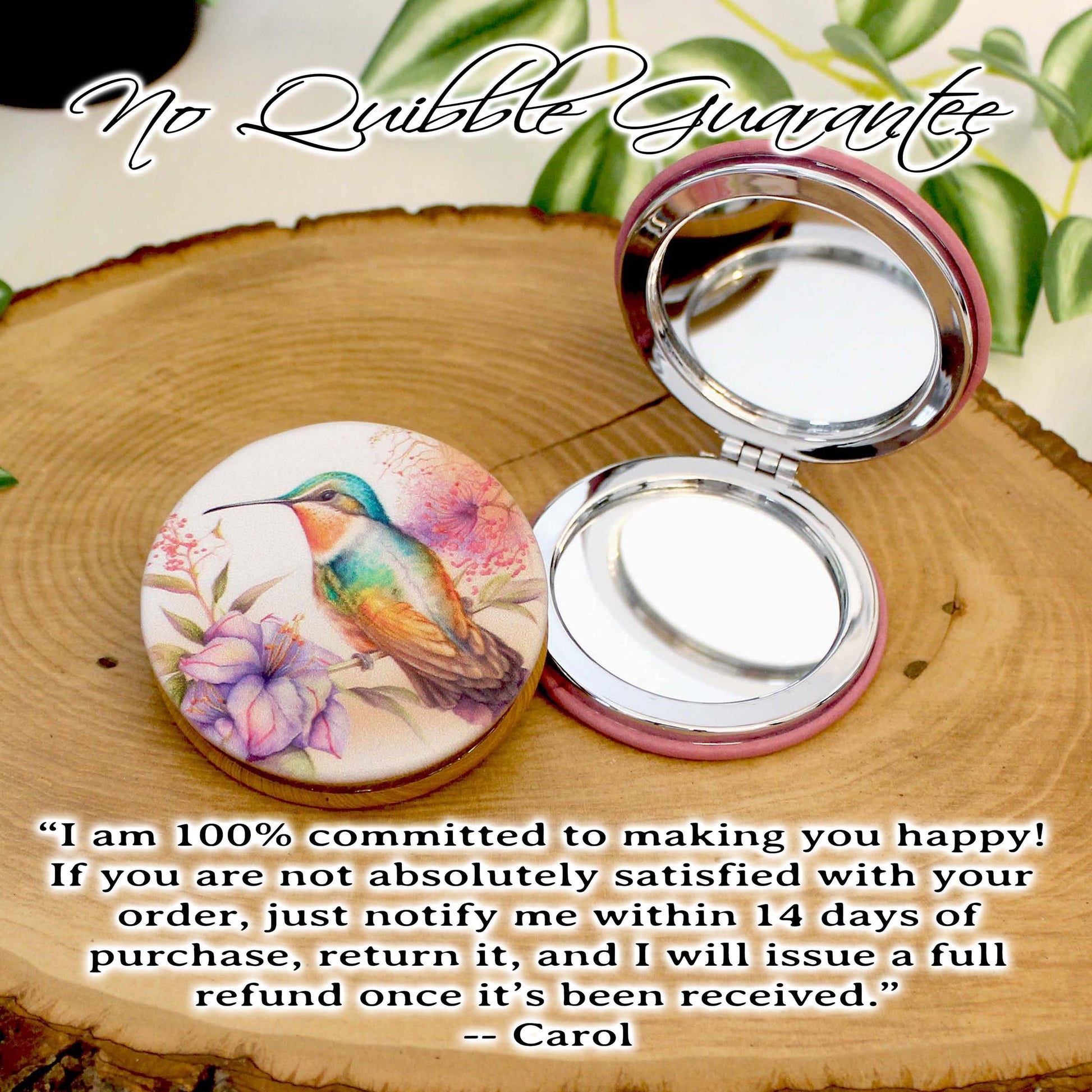 UV Decorated Ruby Throated Hummingbird Leatherette Women's Compact Mirror, Custom Bridesmaid Gift, Perfect Birthday or Mother's Day Gift