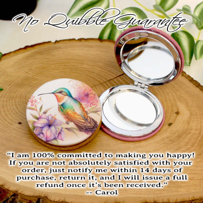 UV Decorated Ruby Throated Hummingbird Leatherette Women's Compact Mirror, Custom Bridesmaid Gift, Perfect Birthday or Mother's Day Gift