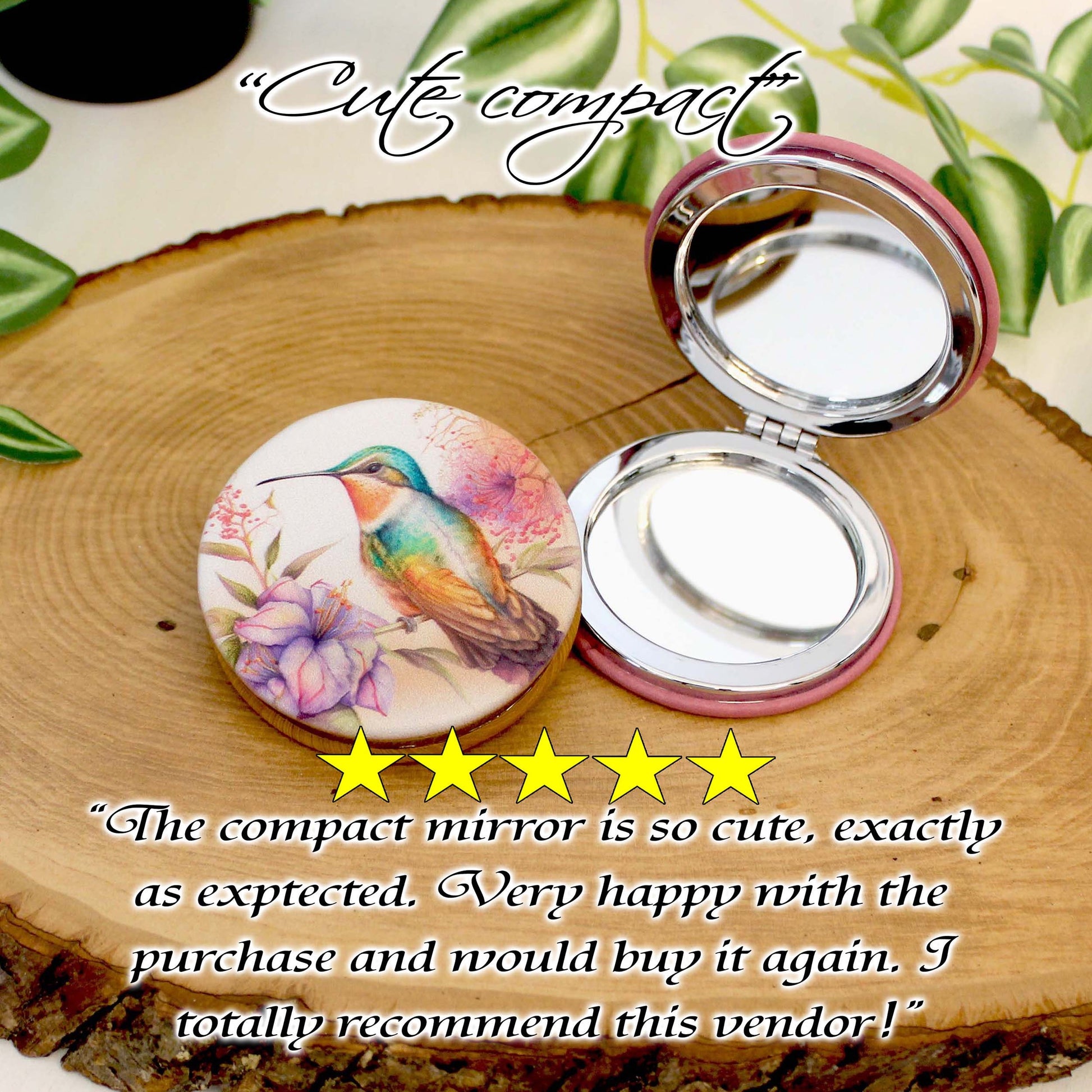 UV Decorated Ruby Throated Hummingbird Leatherette Women's Compact Mirror, Custom Bridesmaid Gift, Perfect Birthday or Mother's Day Gift