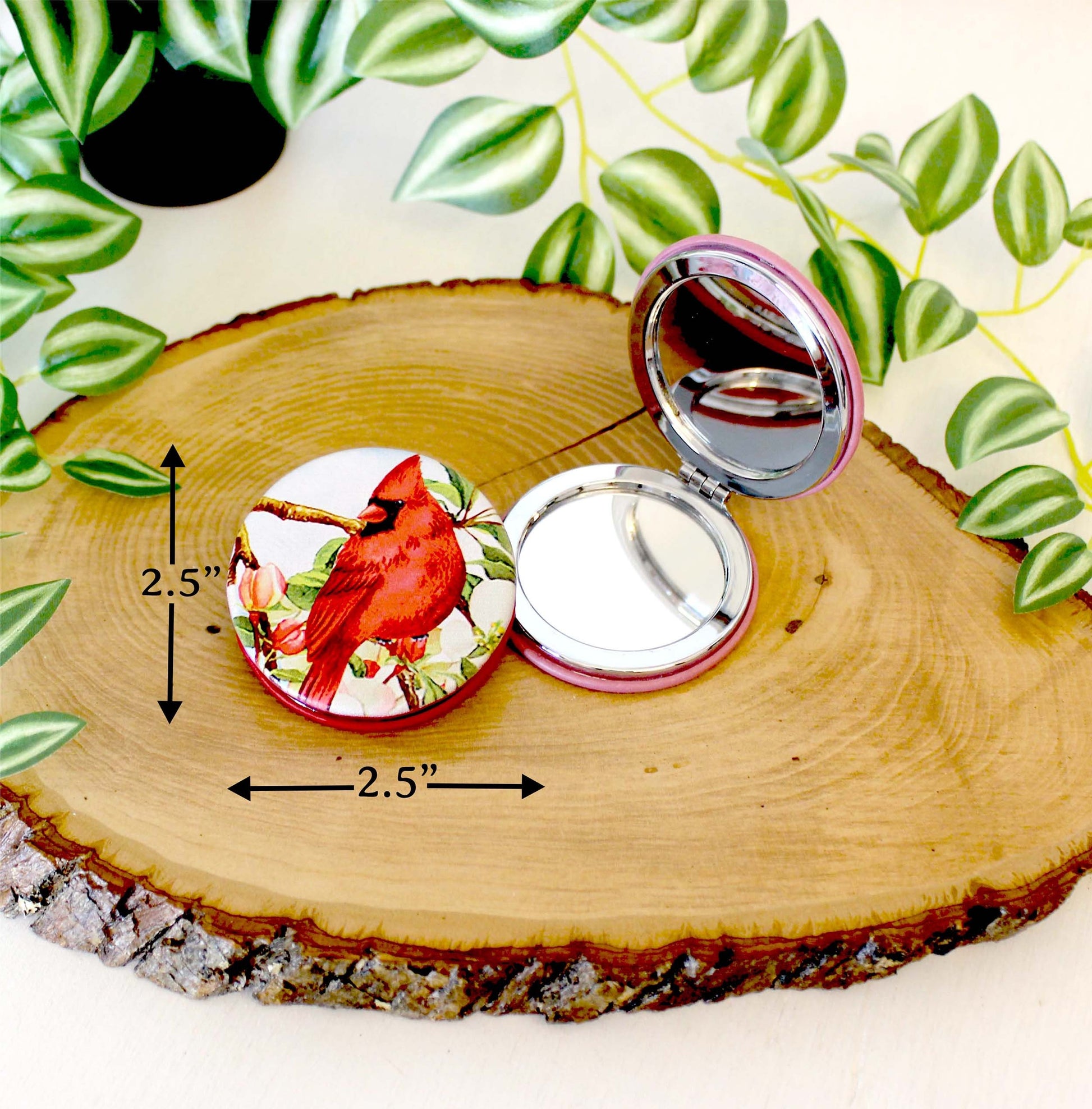 UV Decorated Red Cardinal Leatherette Women's Compact Mirror, Custom Bridesmaid Wedding Gift, Perfect Birthday / Mother's Day Gift or favors