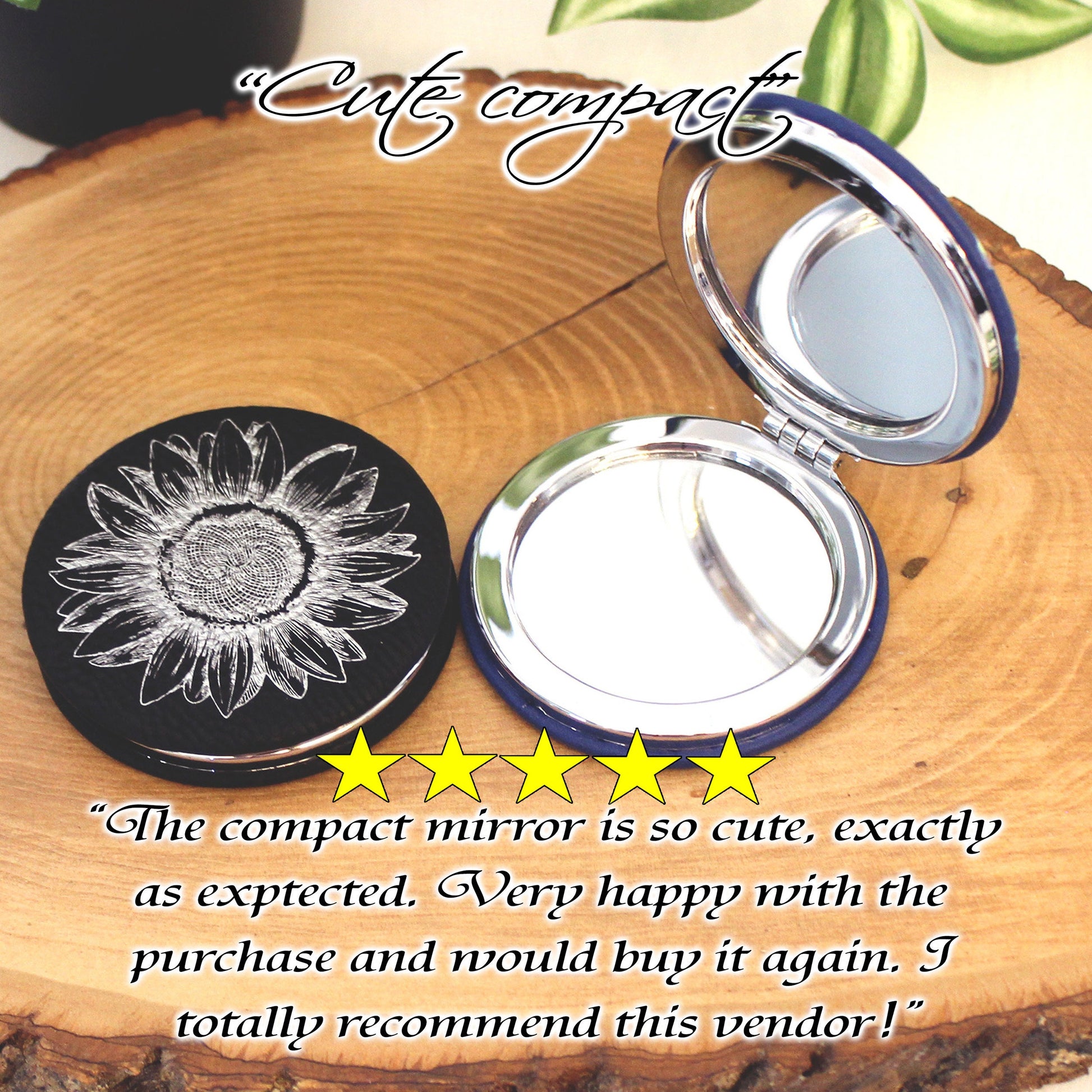 Engraved Sunflower Leatherette Women's Compact Mirror, Custom Bridesmaid Wedding Gift, Perfect Birthday or Mother's Day Gift or Favors