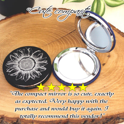 Engraved Sunflower Leatherette Women's Compact Mirror, Custom Bridesmaid Wedding Gift, Perfect Birthday or Mother's Day Gift or Favors
