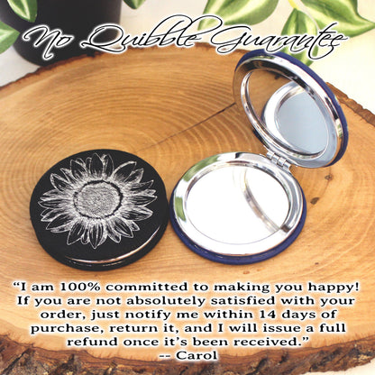 Engraved Sunflower Leatherette Women's Compact Mirror, Custom Bridesmaid Wedding Gift, Perfect Birthday or Mother's Day Gift or Favors