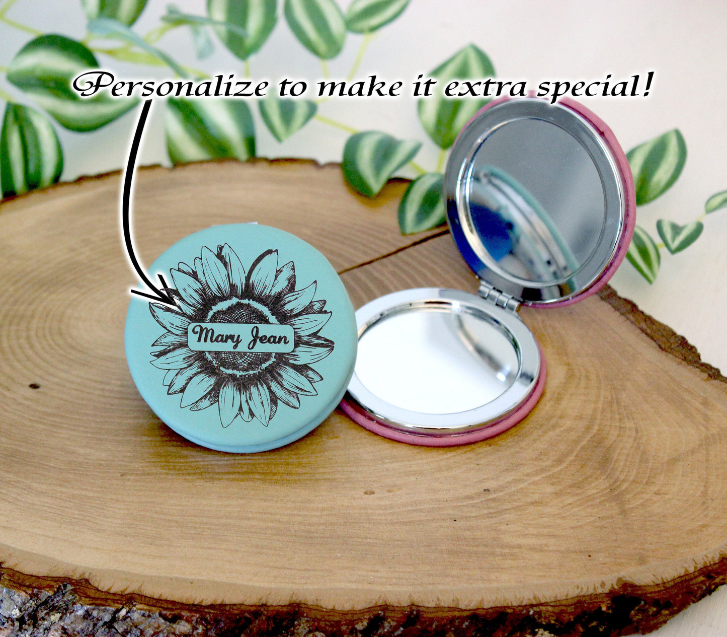 Engraved Sunflower Leatherette Women's Compact Mirror, Custom Bridesmaid Wedding Gift, Perfect Birthday or Mother's Day Gift or Favors