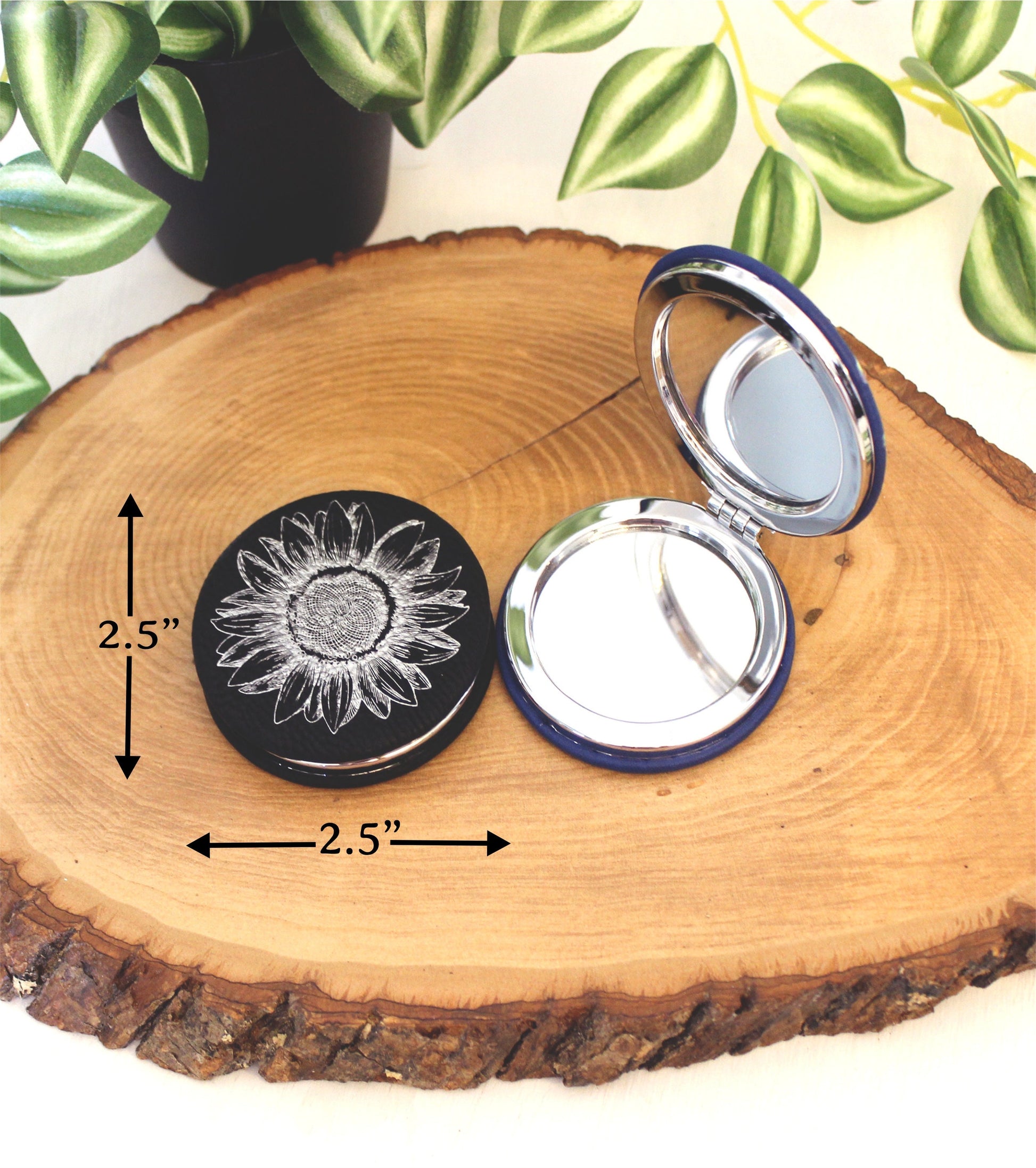 Engraved Sunflower Leatherette Women's Compact Mirror, Custom Bridesmaid Wedding Gift, Perfect Birthday or Mother's Day Gift or Favors